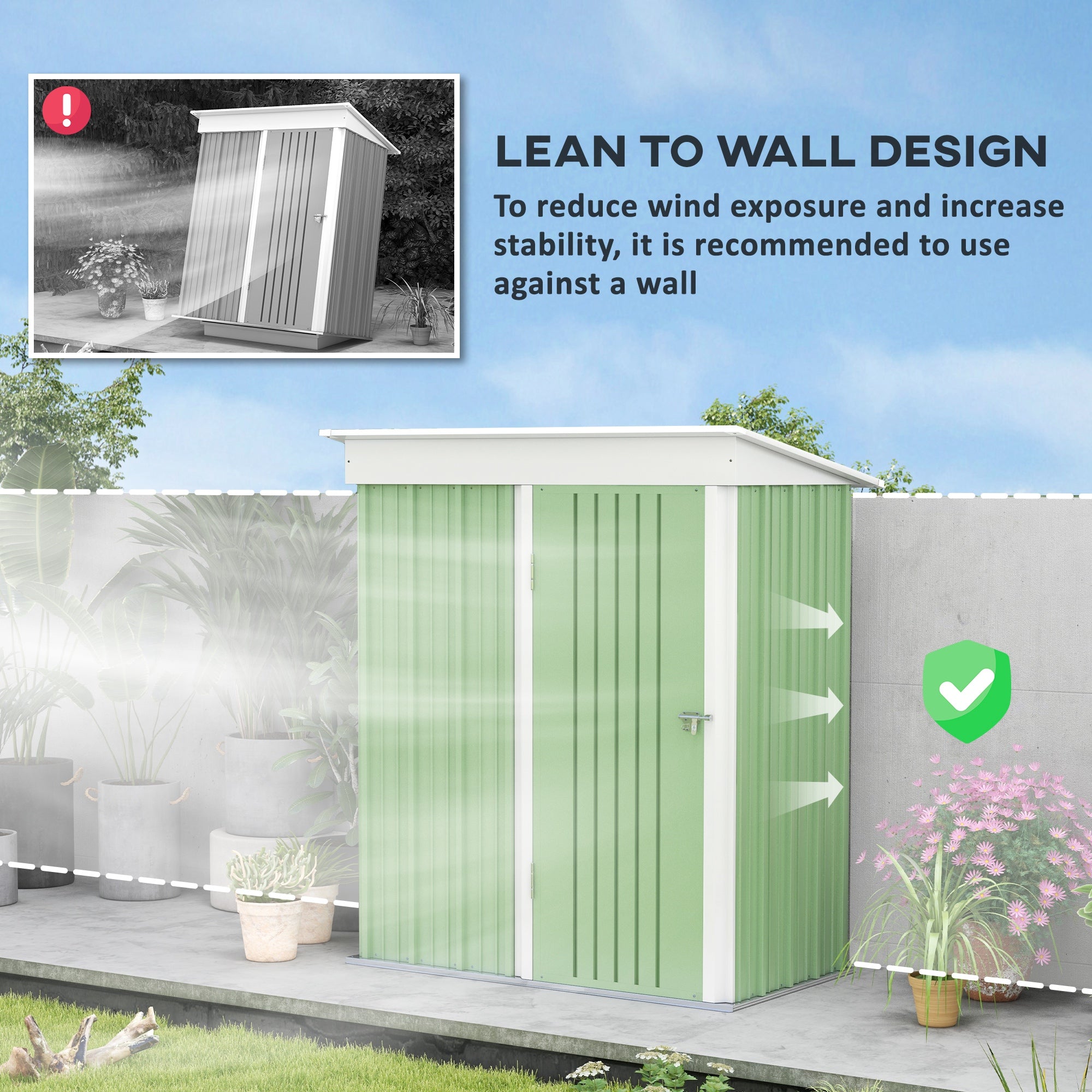 Outsunny 5' x 3' Steel Outdoor Storage Shed, Lean-to Garden Shed with Adjustable Shelf,  Foundation Kit, Lock and Gloves for Lawn Mower, Tool, Patio, Lawn, Green