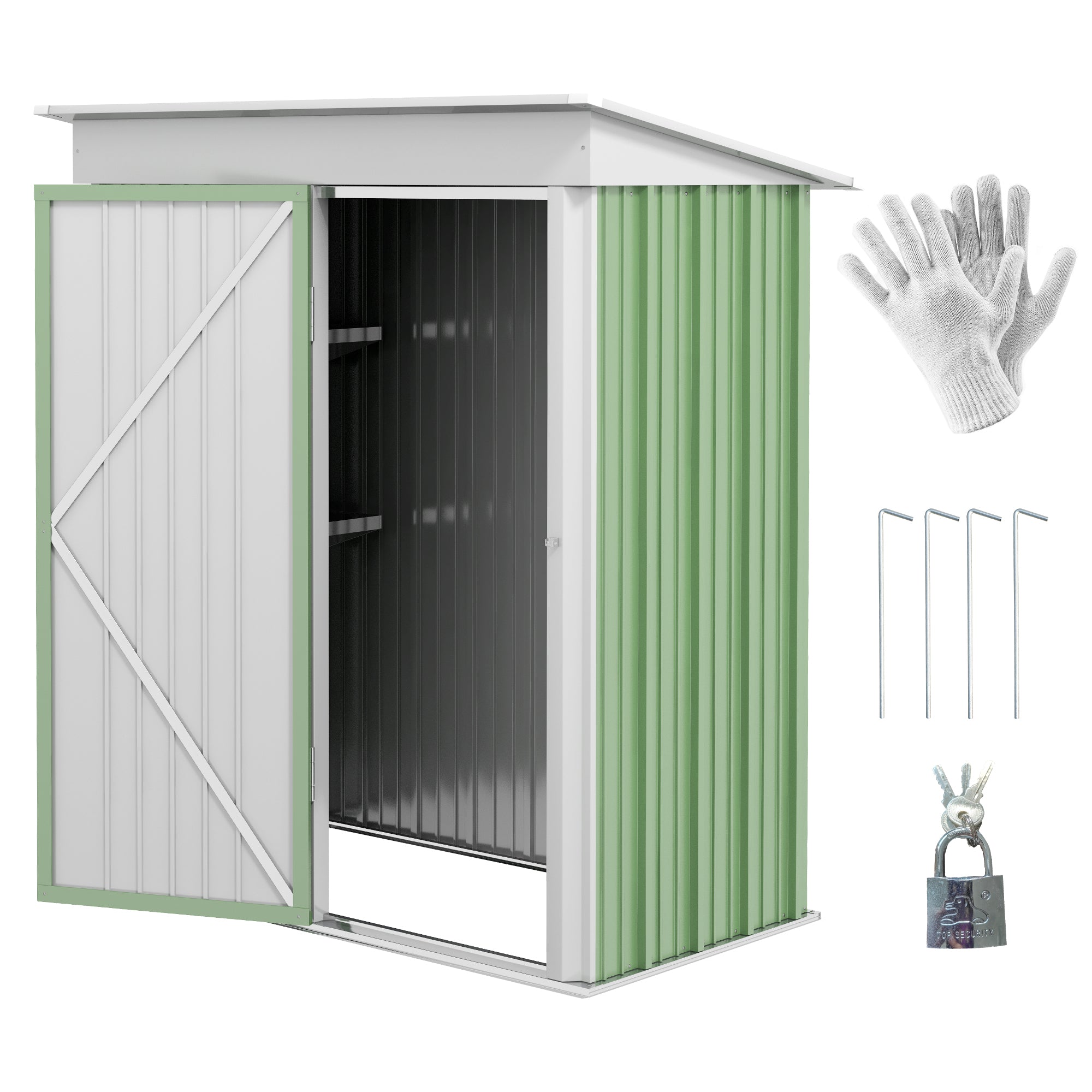 Outsunny 5' x 3' Steel Outdoor Storage Shed, Lean-to Garden Shed with Adjustable Shelf,  Foundation Kit, Lock and Gloves for Lawn Mower, Tool, Patio, Lawn, Green