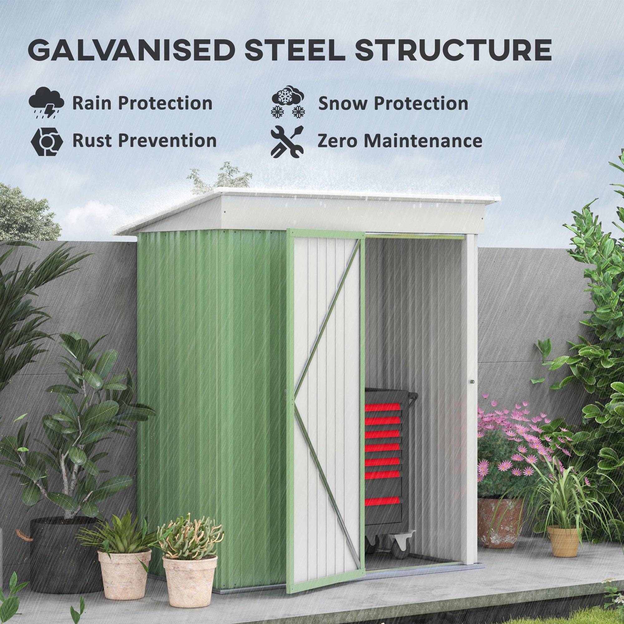 Outsunny 5' x 3' Steel Outdoor Storage Shed, Lean-to Garden Shed with Adjustable Shelf,  Foundation Kit, Lock and Gloves for Lawn Mower, Tool, Patio, Lawn, Green
