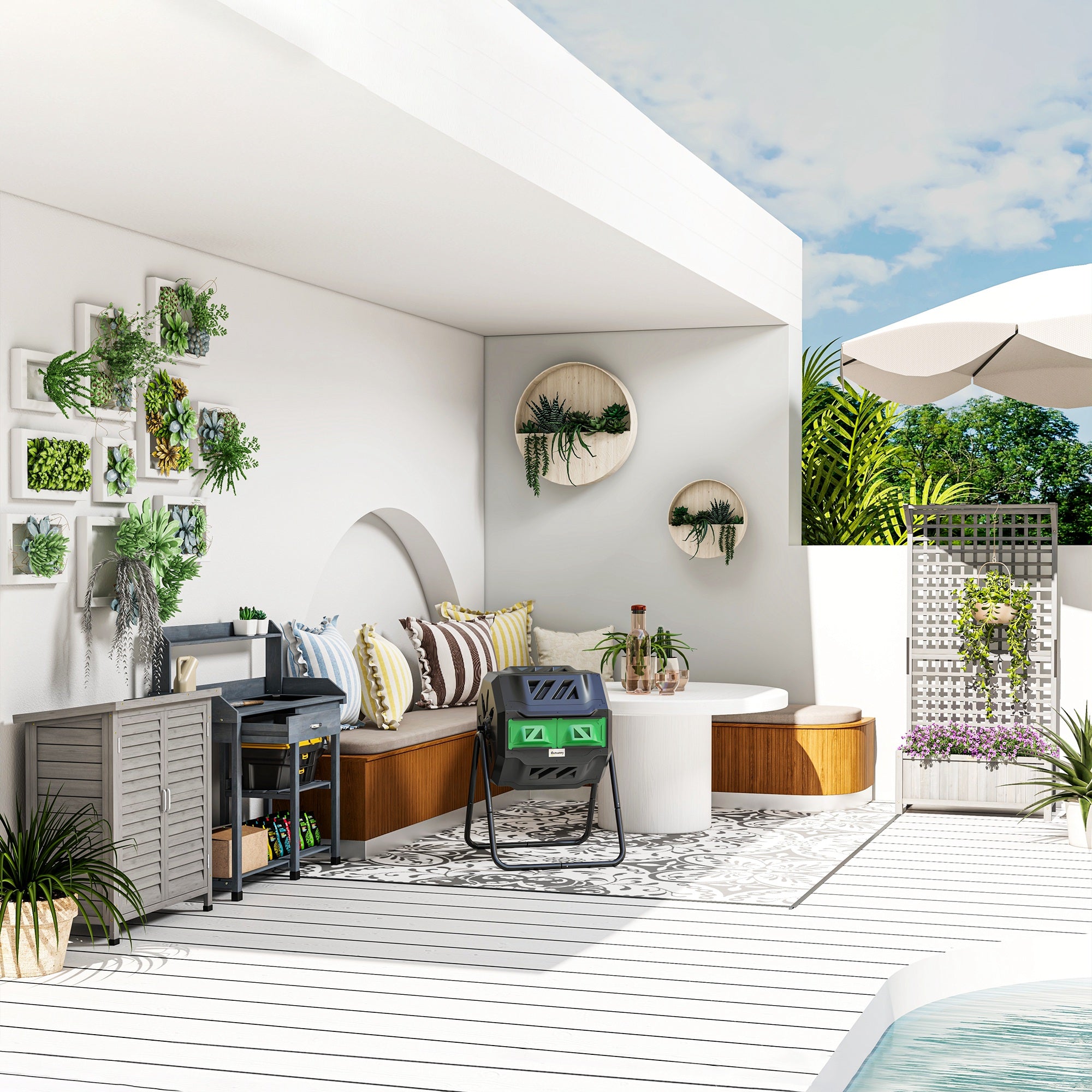 Outsunny 43 Gallon (160L) Tumbling Compost Bin Outdoor Dual Chamber 360° Rotating Composter with Sliding Doors, Solid Steel Frame and Gloves, Green