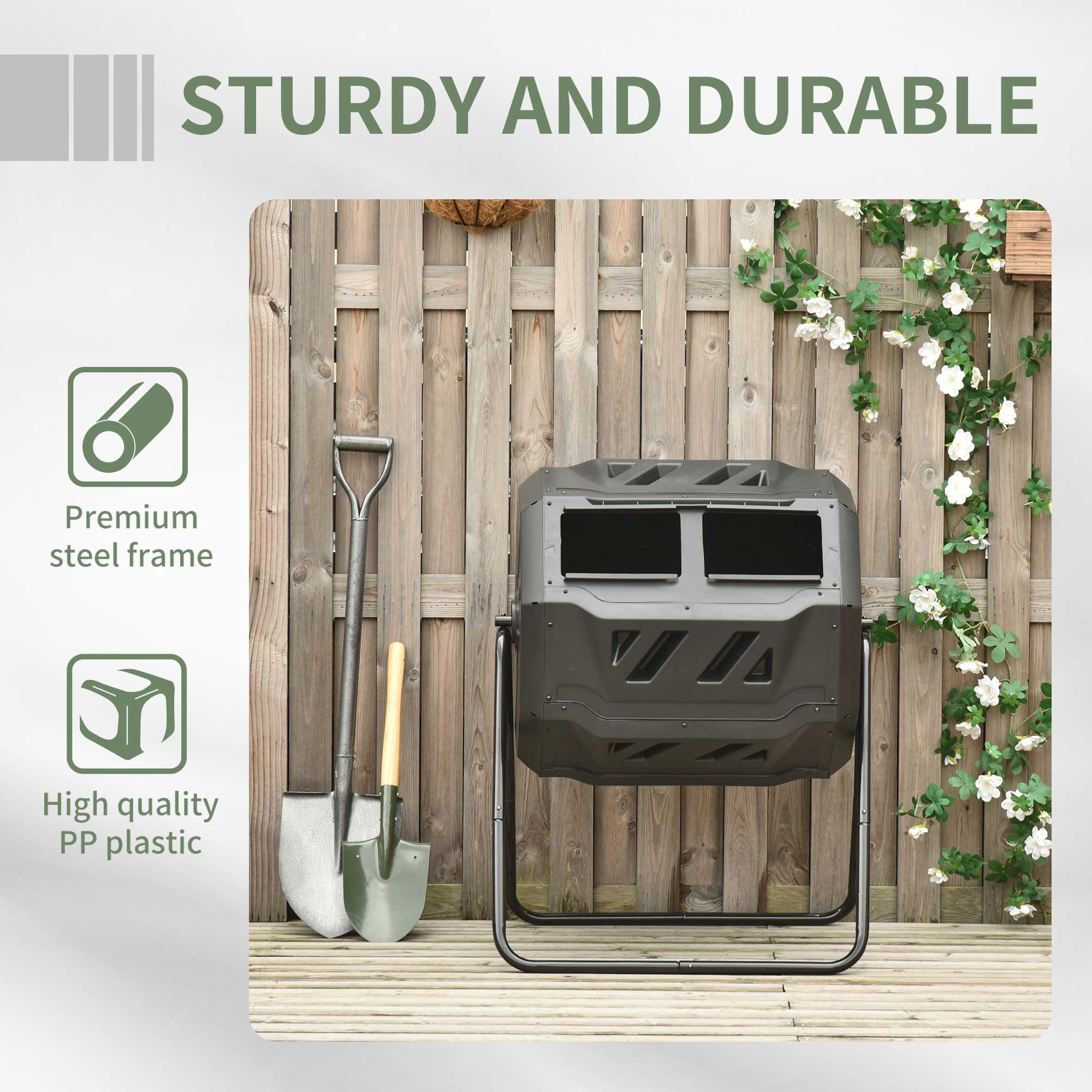 Outsunny 43 Gallon (160L) Tumbling Compost Bin Outdoor Dual Chamber 360° Rotating Composter with Sliding Doors, Solid Steel Frame and Gloves, Green