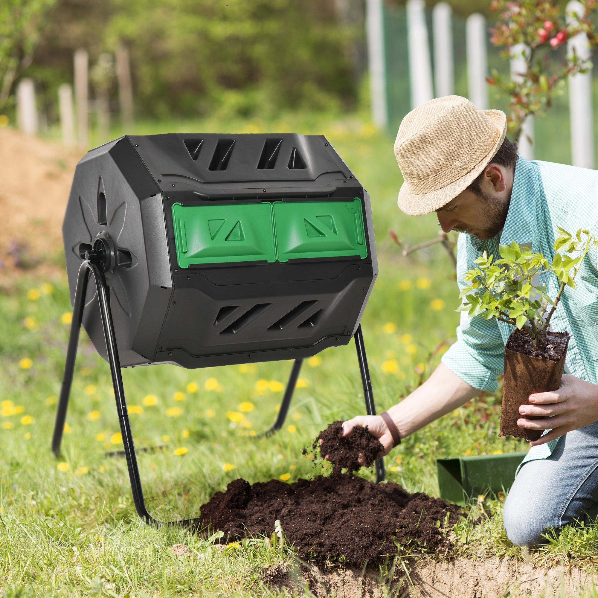 Outsunny 43 Gallon (160L) Tumbling Compost Bin Outdoor Dual Chamber 360° Rotating Composter with Sliding Doors, Solid Steel Frame and Gloves, Green