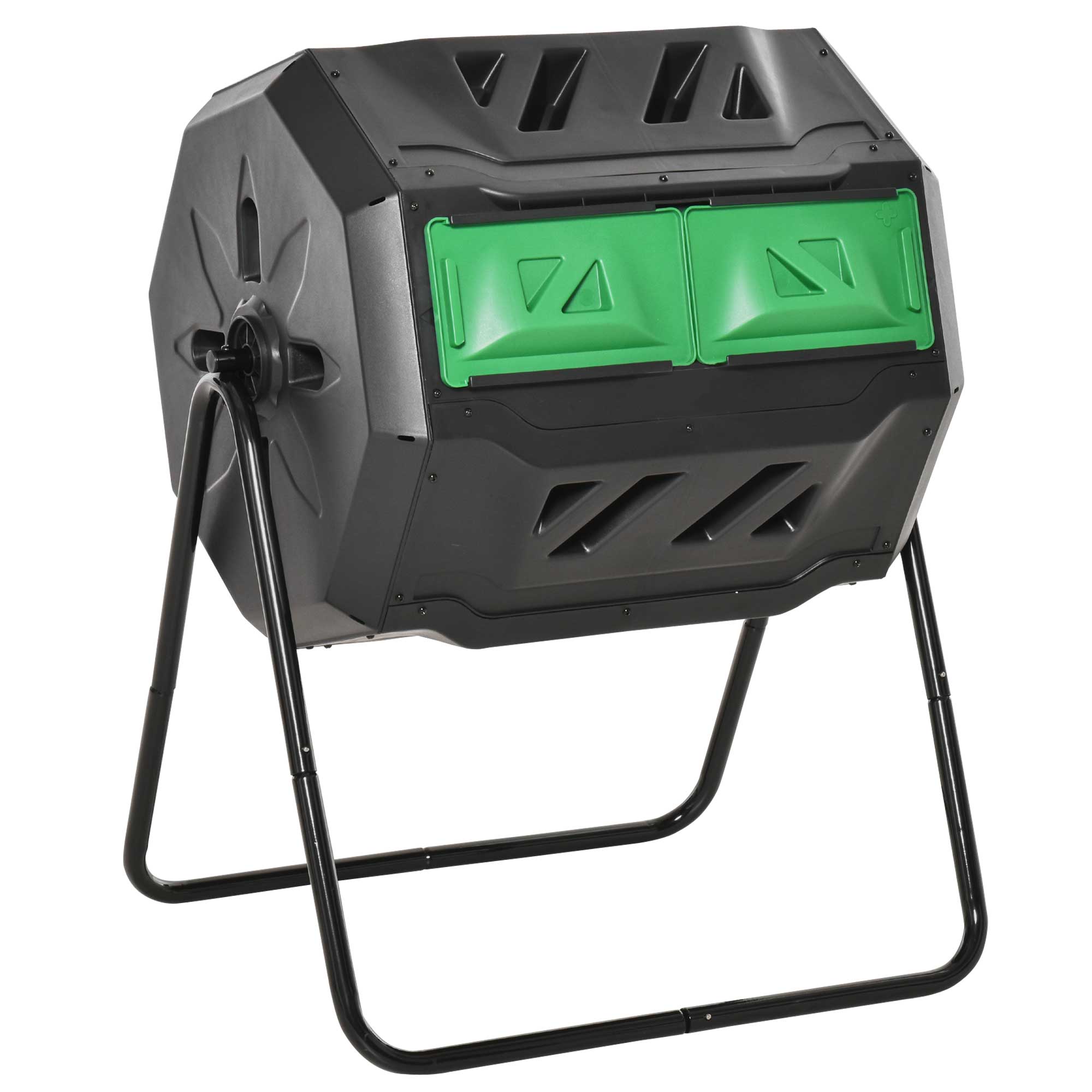Outsunny 43 Gallon (160L) Tumbling Compost Bin Outdoor Dual Chamber 360° Rotating Composter with Sliding Doors, Solid Steel Frame and Gloves, Green