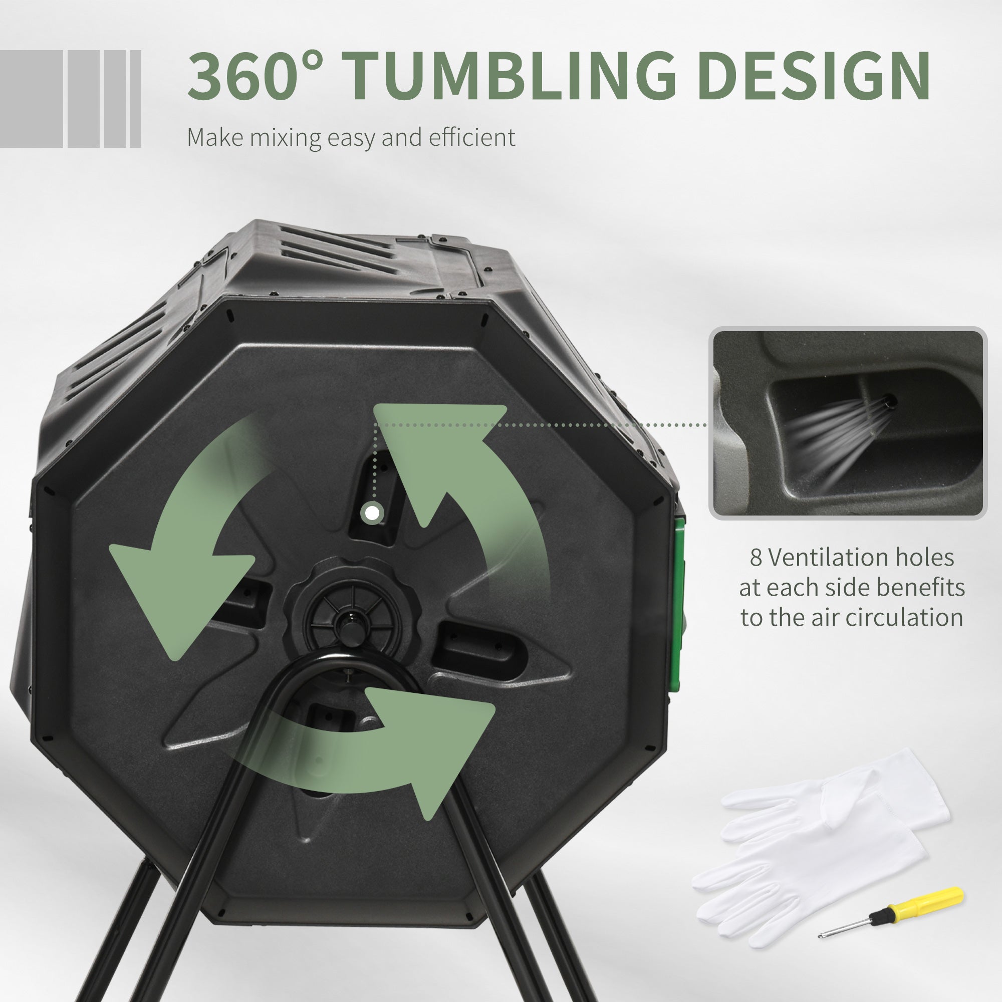 Outsunny 43 Gallon (160L) Tumbling Compost Bin Outdoor Dual Chamber 360° Rotating Composter with Sliding Doors, Solid Steel Frame and Gloves, Green