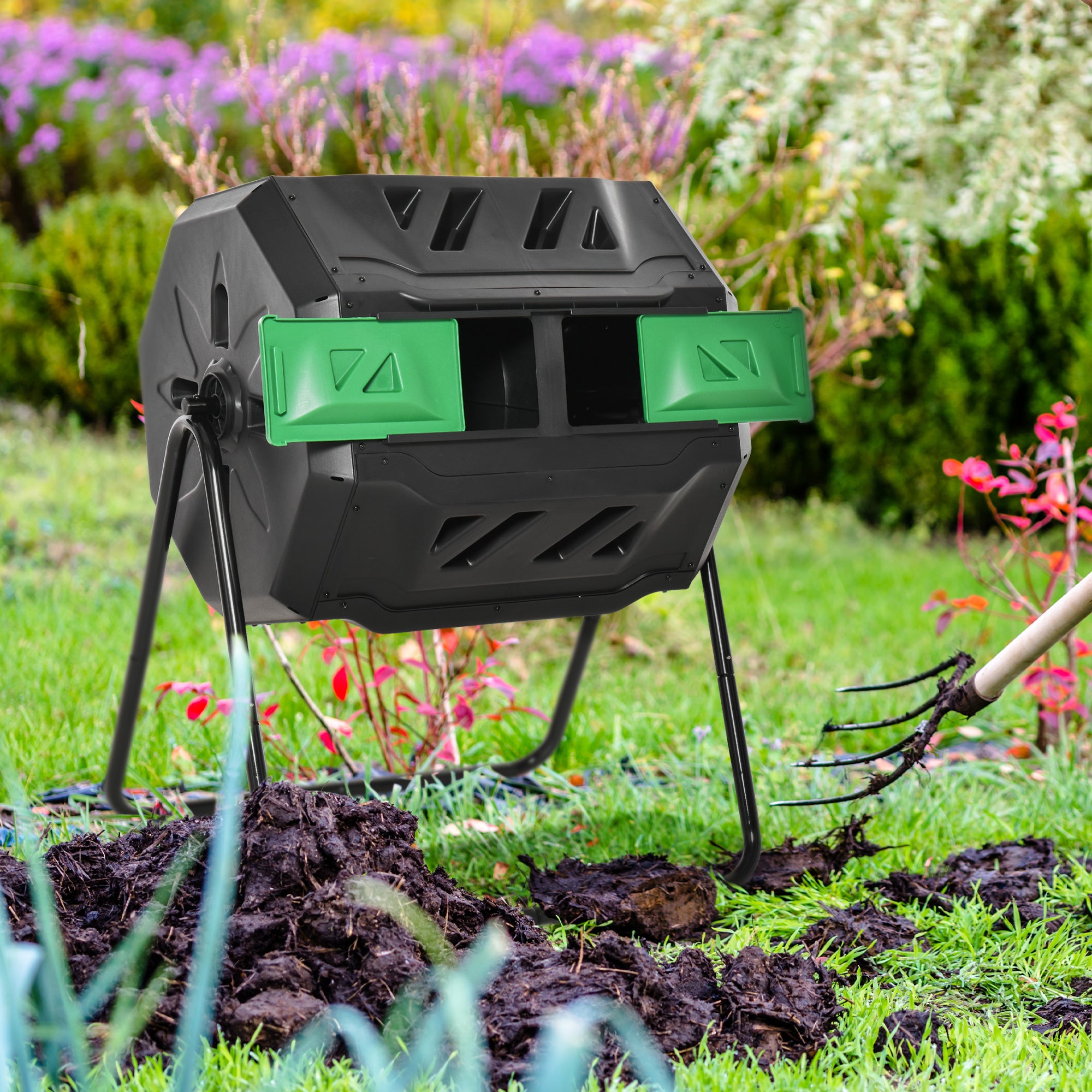 Outsunny 43 Gallon (160L) Tumbling Compost Bin Outdoor Dual Chamber 360° Rotating Composter with Sliding Doors, Solid Steel Frame and Gloves, Green