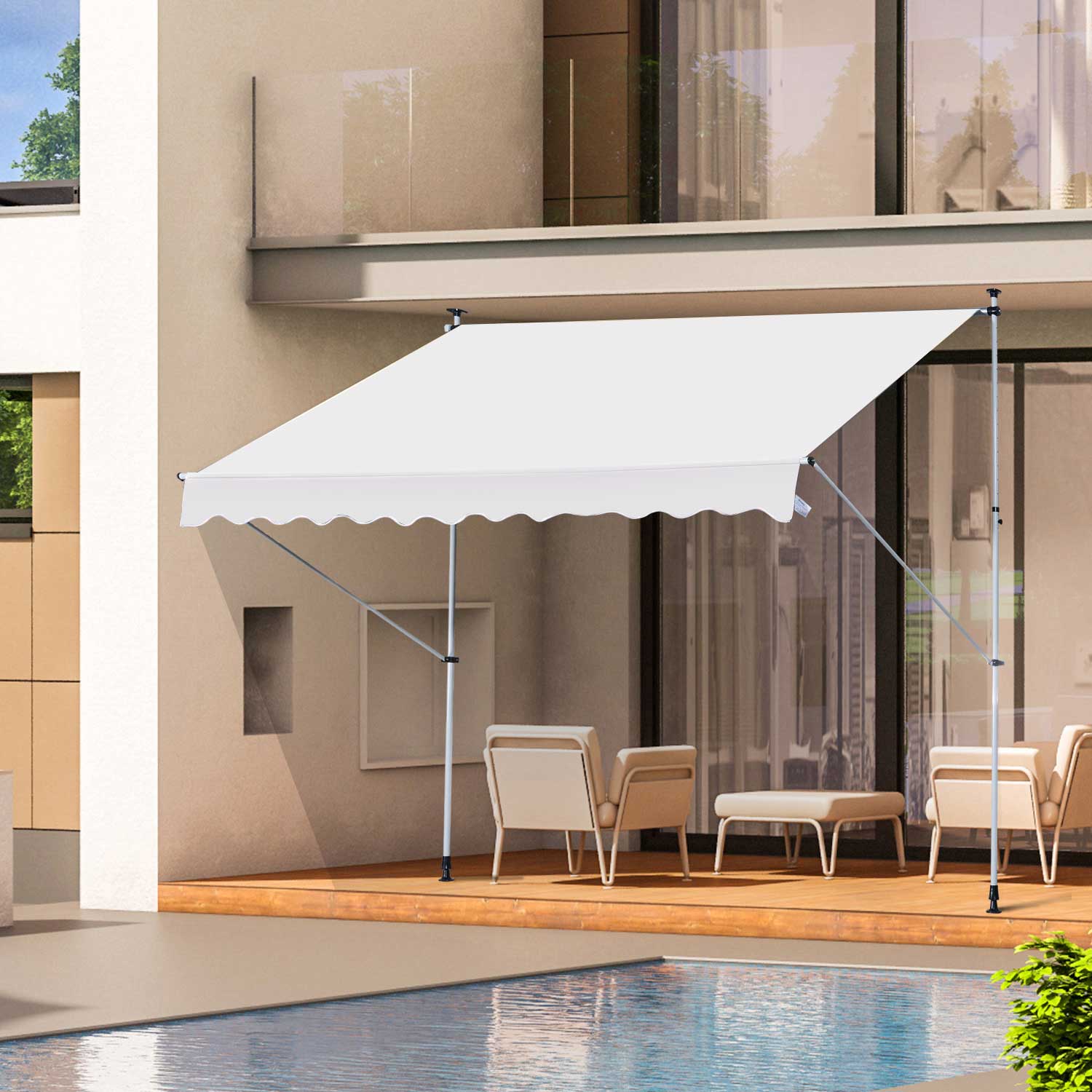 Outsunny 6.6'x5' Manual Retractable Patio Awning Window Door Sun Shade Deck Canopy Shelter Water Resistant UV Protector White