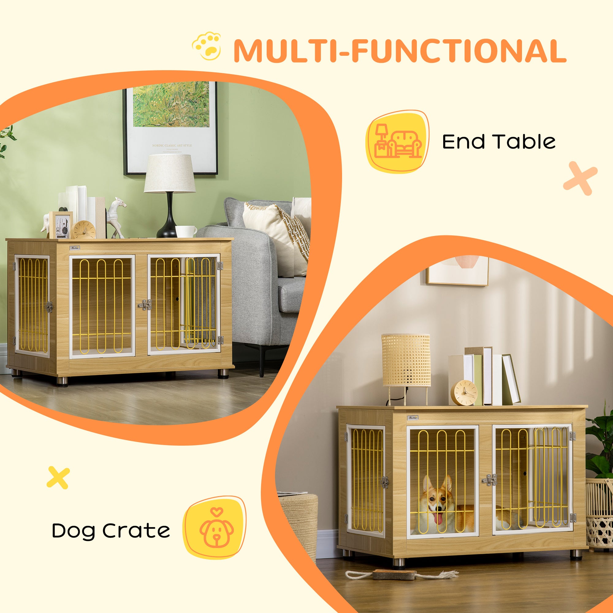 PawHut Modern Large Dog Crate End Table with Soft Cushion & Big Tabletop, Wooden Dog Crate Bed Indoor Dog Kennel Furniture with Washable Cushion Cover