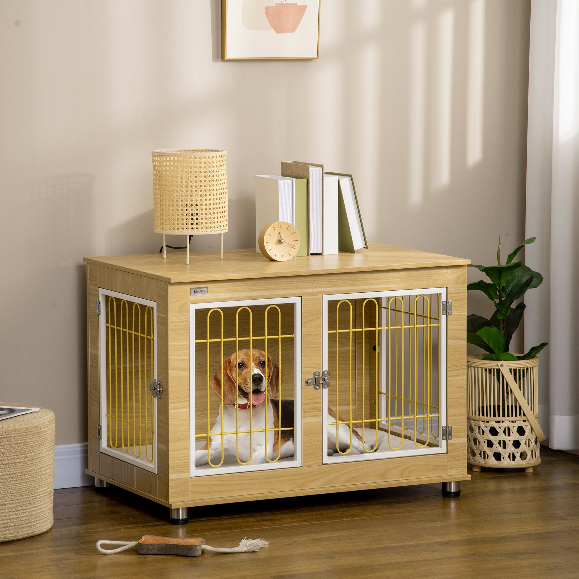 PawHut Modern Large Dog Crate End Table with Soft Cushion & Big Tabletop, Wooden Dog Crate Bed Indoor Dog Kennel Furniture with Washable Cushion Cover