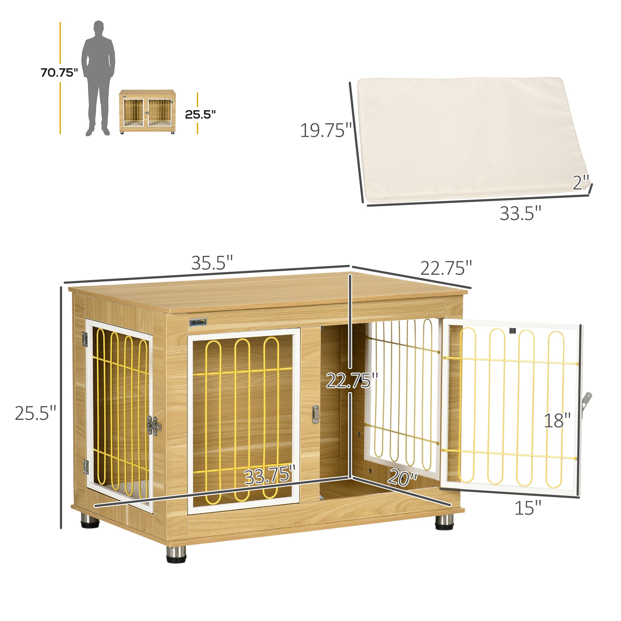 PawHut Modern Large Dog Crate End Table with Soft Cushion & Big Tabletop, Wooden Dog Crate Bed Indoor Dog Kennel Furniture with Washable Cushion Cover