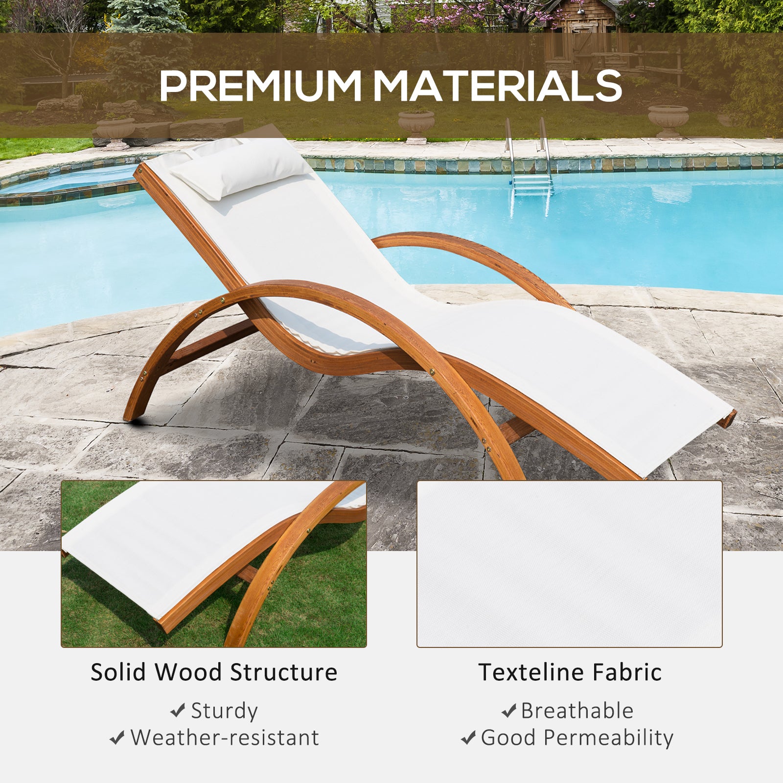 Outsunny Wooden Outdoor Lounge Chair, Patio Chaise Lounge Chair with Headrest, Garden Sun Lounger Recliner Tanning Chair with Wood Frame, Texteline, Cream