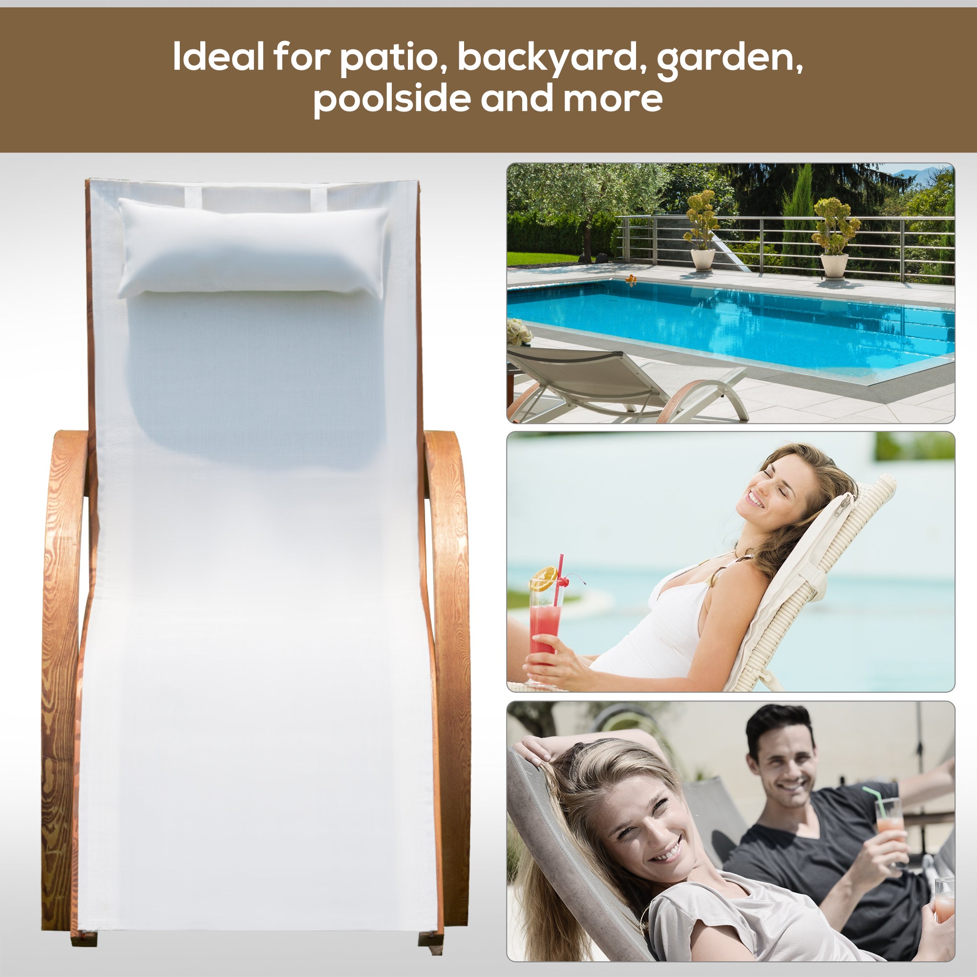 Outsunny Wooden Outdoor Lounge Chair, Patio Chaise Lounge Chair with Headrest, Garden Sun Lounger Recliner Tanning Chair with Wood Frame, Texteline, Cream