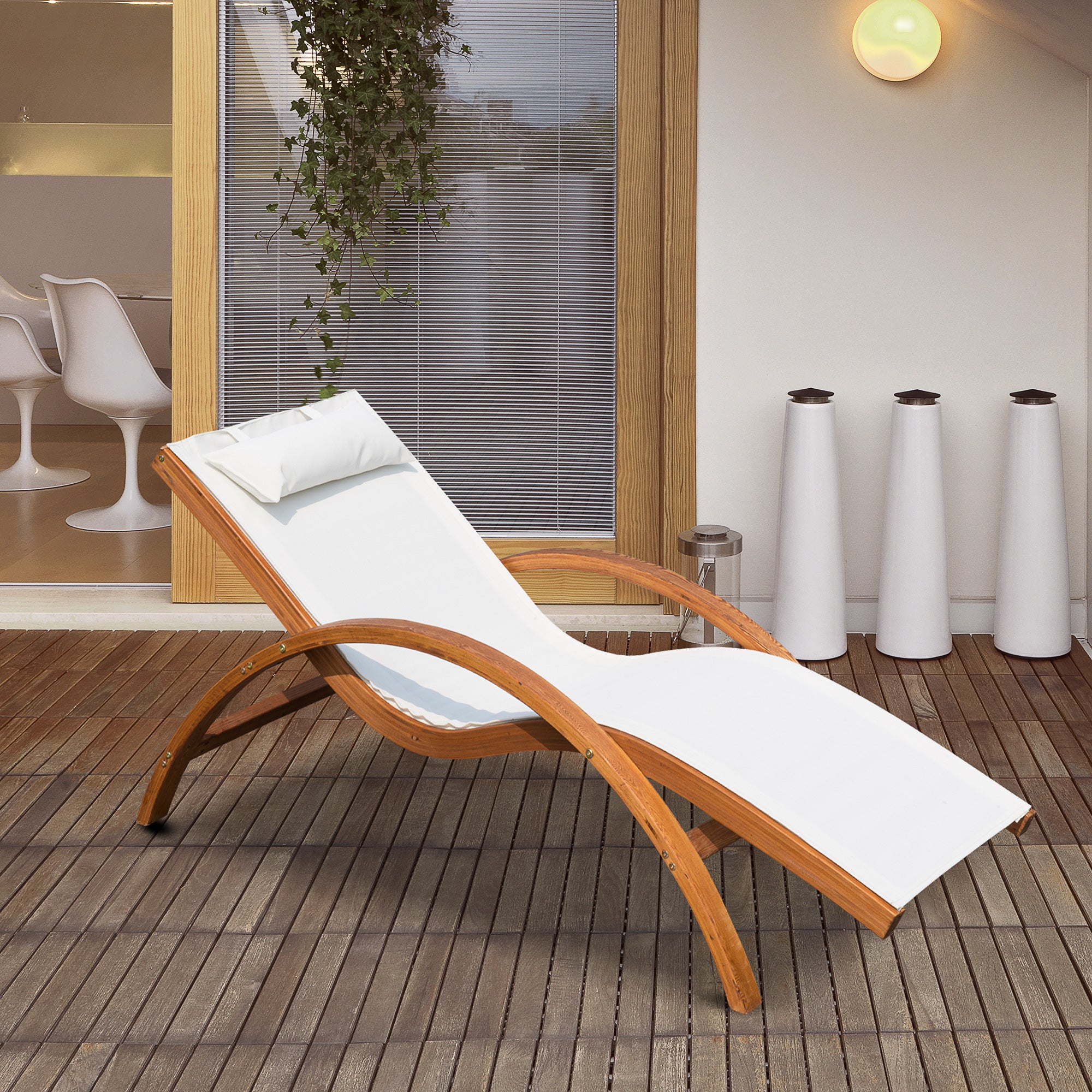 Outsunny Wooden Outdoor Lounge Chair, Patio Chaise Lounge Chair with Headrest, Garden Sun Lounger Recliner Tanning Chair with Wood Frame, Texteline, Cream