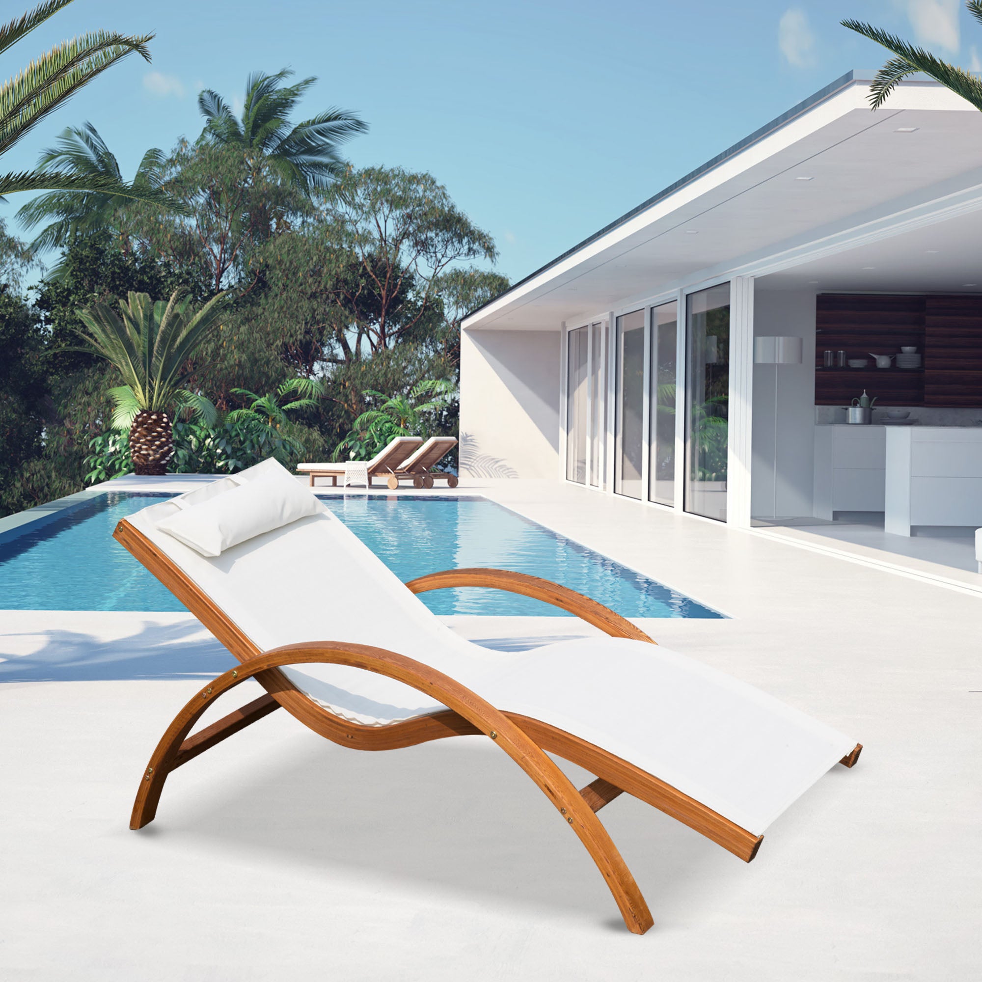 Outsunny Wooden Outdoor Lounge Chair, Patio Chaise Lounge Chair with Headrest, Garden Sun Lounger Recliner Tanning Chair with Wood Frame, Texteline, Cream