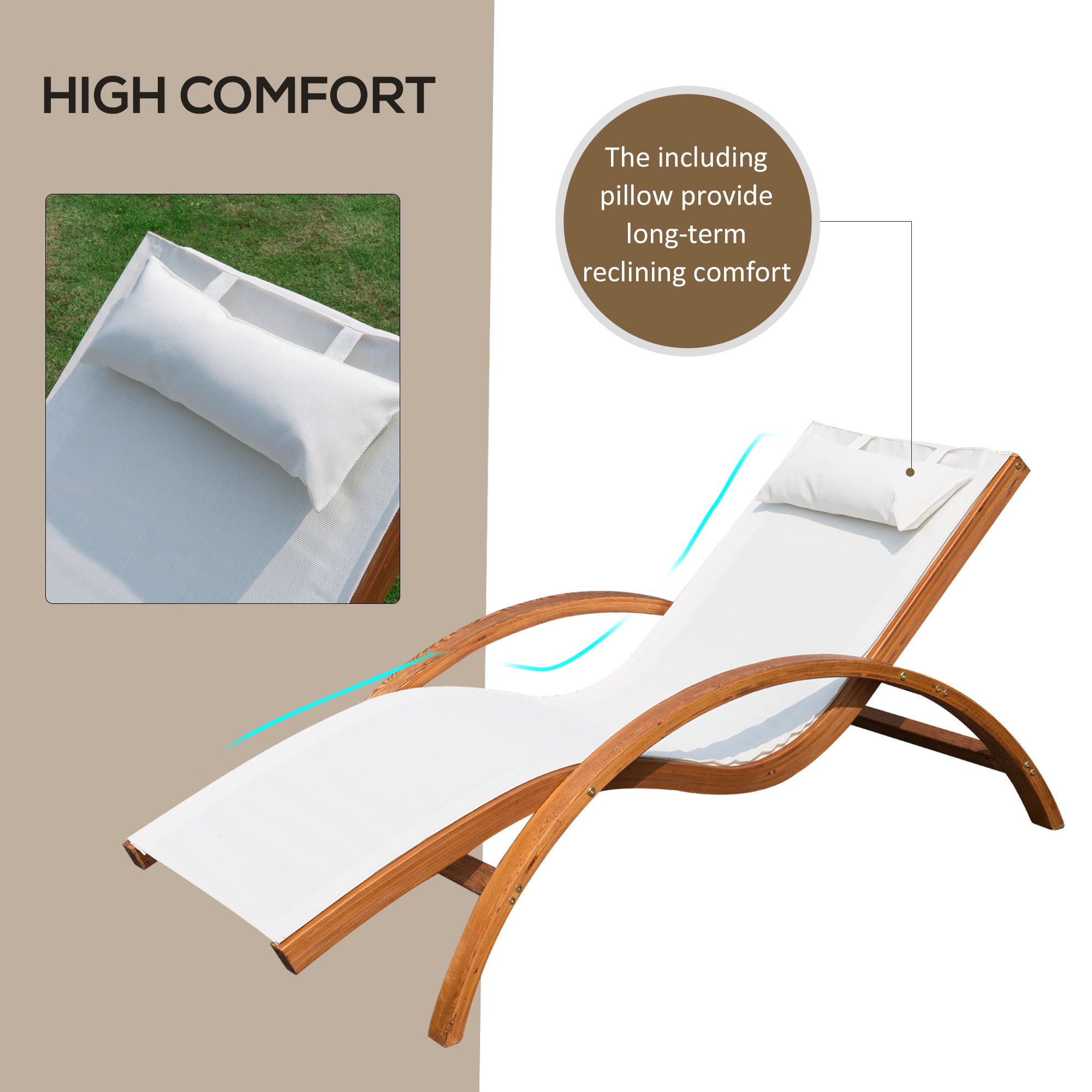 Outsunny Wooden Outdoor Lounge Chair, Patio Chaise Lounge Chair with Headrest, Garden Sun Lounger Recliner Tanning Chair with Wood Frame, Texteline, Cream