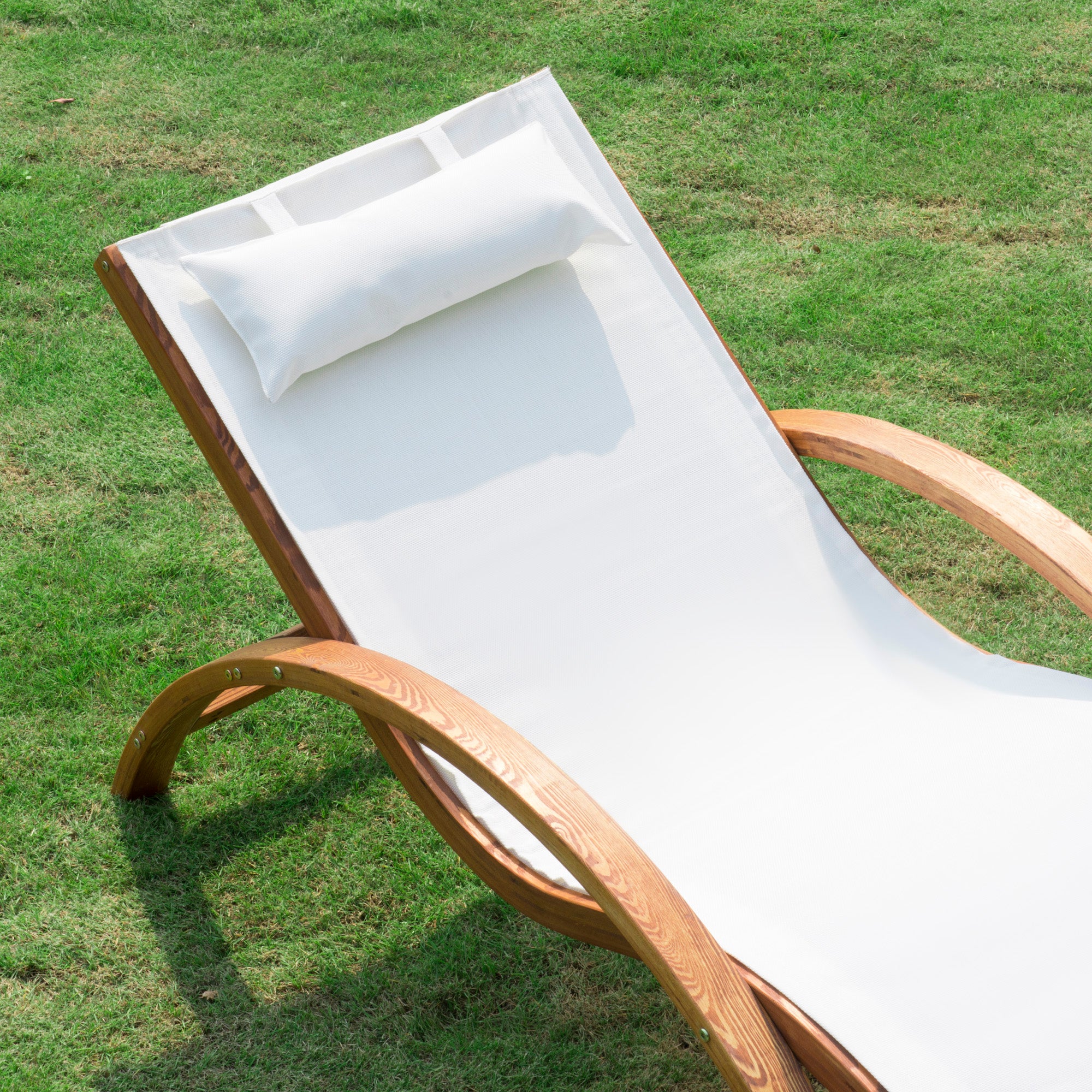 Outsunny Wooden Outdoor Lounge Chair, Patio Chaise Lounge Chair with Headrest, Garden Sun Lounger Recliner Tanning Chair with Wood Frame, Texteline, Cream