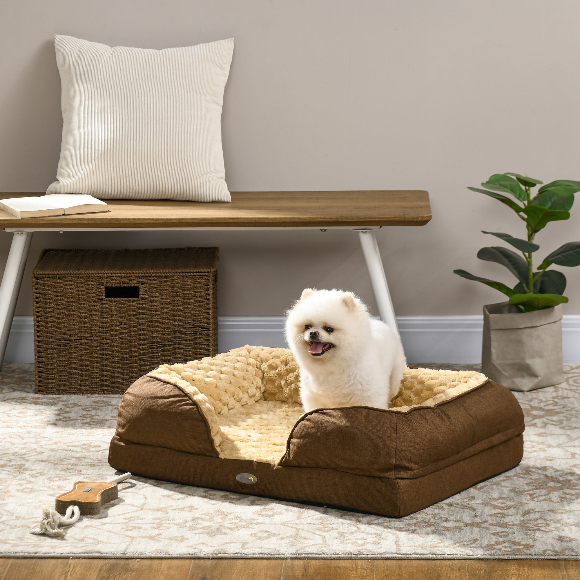 PawHut Dog Sofa Bed Pet Bed Dog Mattress with Removable Washable Cover, Anti-Slip Bottom, for Small Sized Dogs, 70L x 50W x 18Hcm - Brown