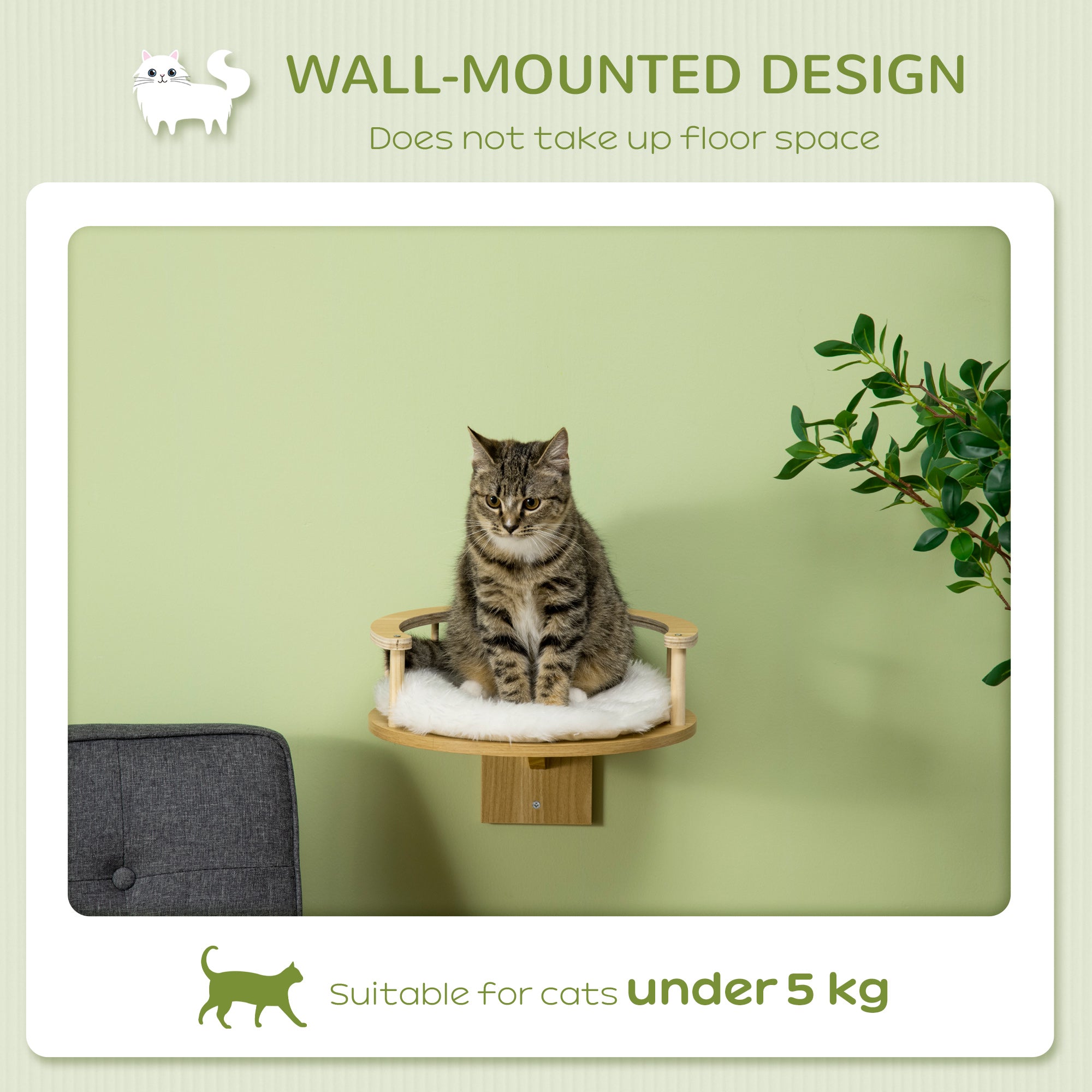 PawHut Cat Shelf, Wall Mounted Cat Tree Kitten Bed Cat Perch with Cushion, Guardrails for Indoor Cats, 34 x 34 x 10.5 cm, Beige
