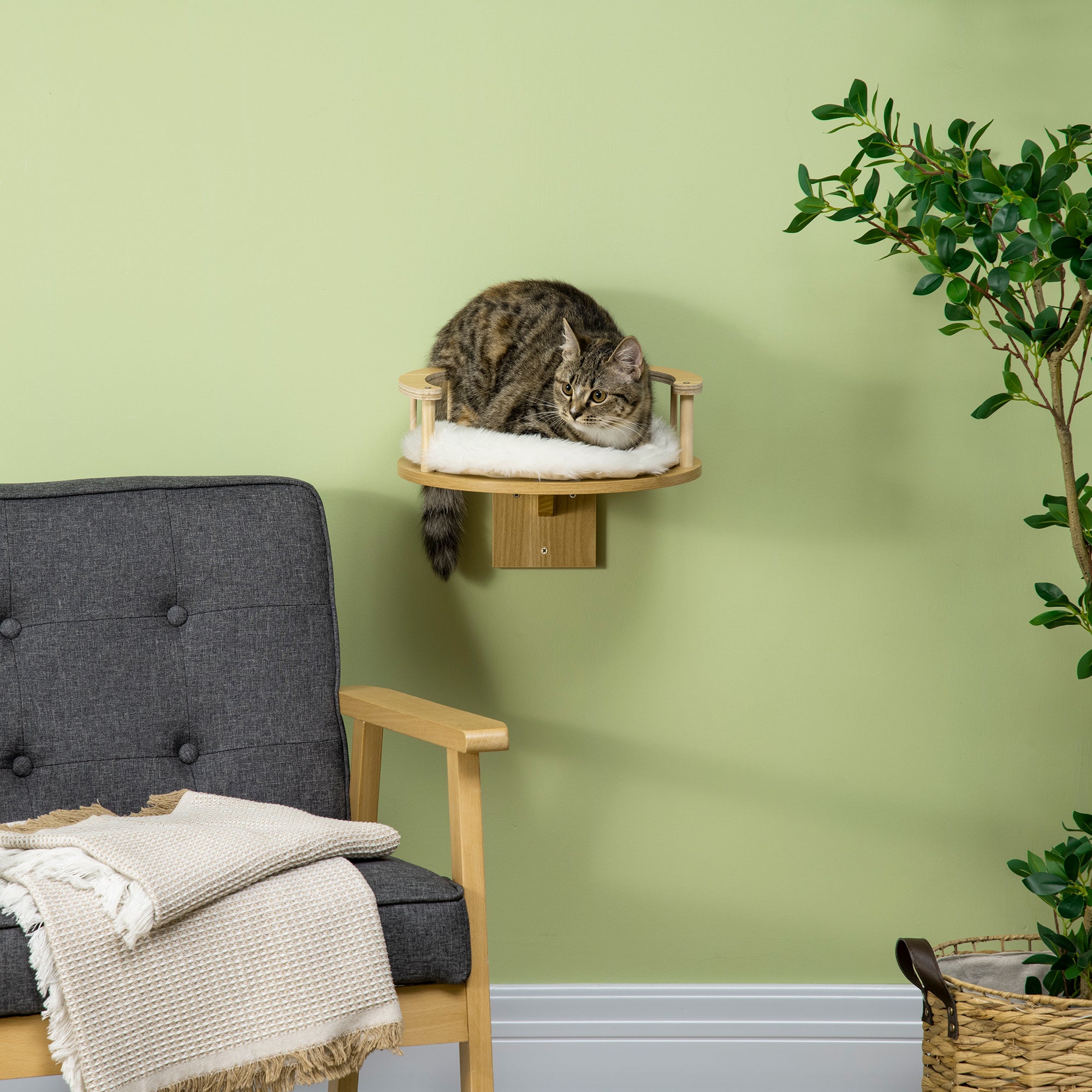 PawHut Cat Shelf, Wall Mounted Cat Tree Kitten Bed Cat Perch with Cushion, Guardrails for Indoor Cats, 34 x 34 x 10.5 cm, Beige
