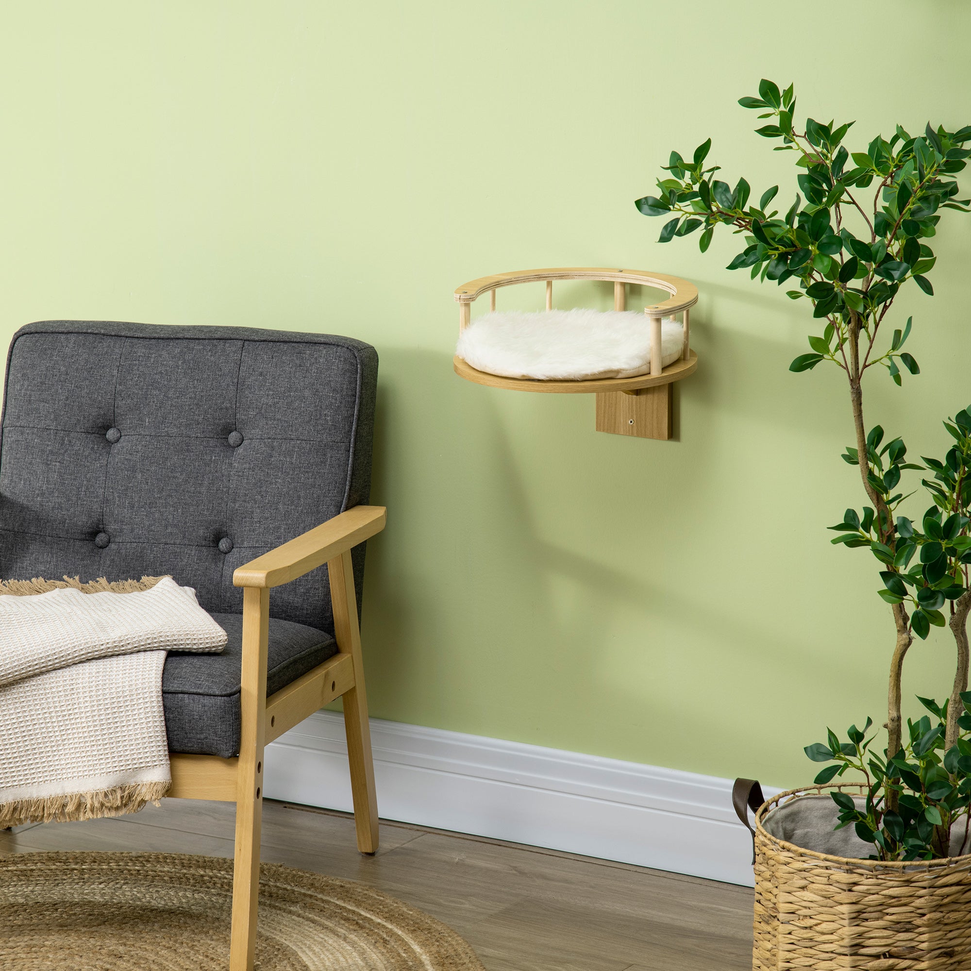 PawHut Cat Shelf, Wall Mounted Cat Tree Kitten Bed Cat Perch with Cushion, Guardrails for Indoor Cats, 34 x 34 x 10.5 cm, Beige