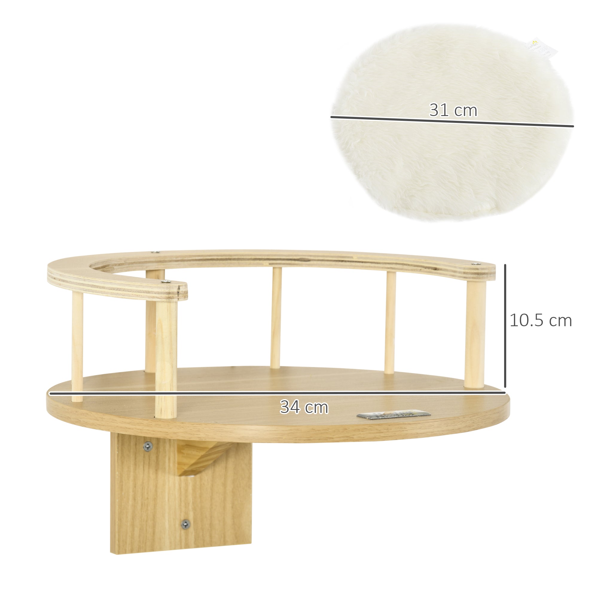 PawHut Cat Shelf, Wall Mounted Cat Tree Kitten Bed Cat Perch with Cushion, Guardrails for Indoor Cats, 34 x 34 x 10.5 cm, Beige