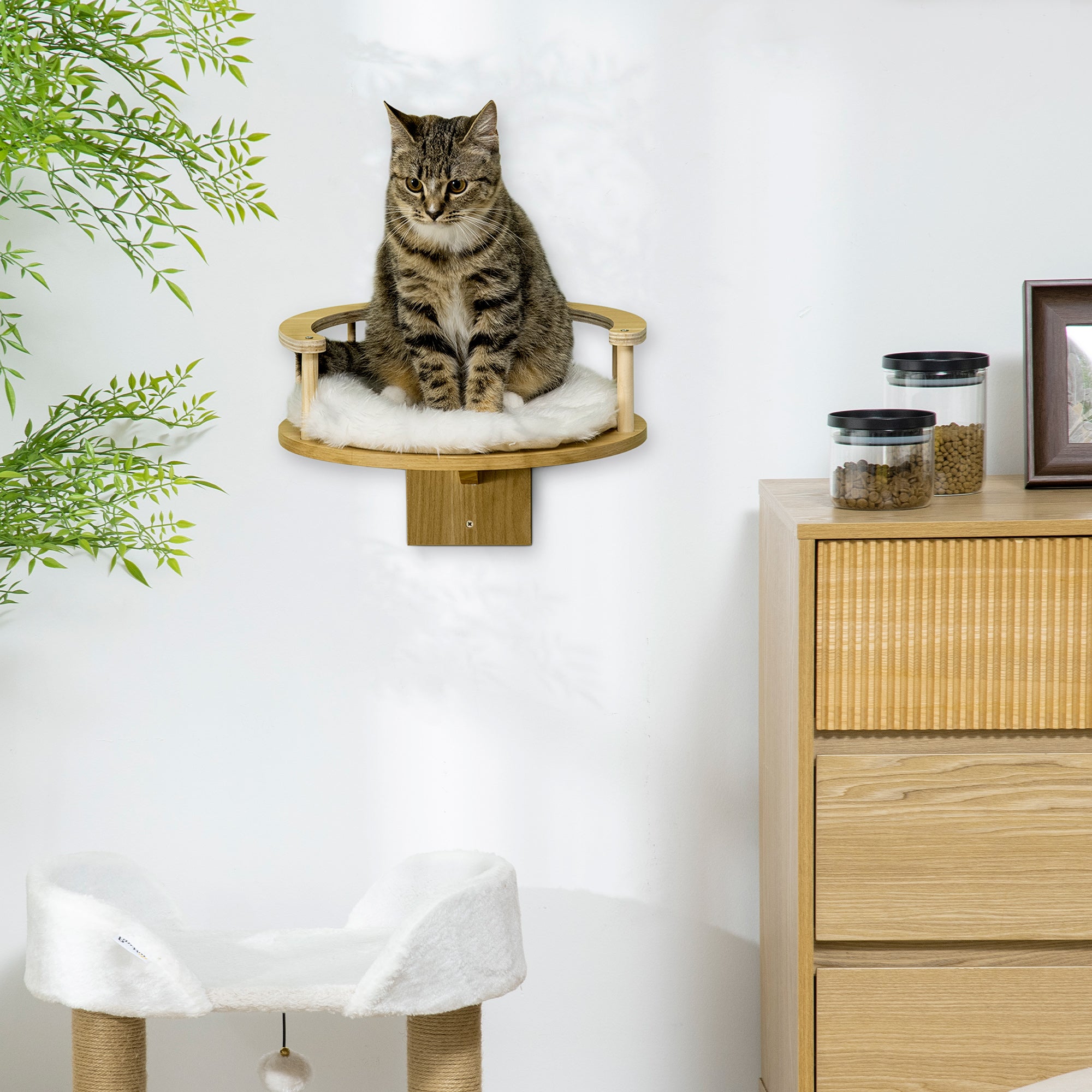 PawHut Cat Shelf, Wall Mounted Cat Tree Kitten Bed Cat Perch with Cushion, Guardrails for Indoor Cats, 34 x 34 x 10.5 cm, Beige