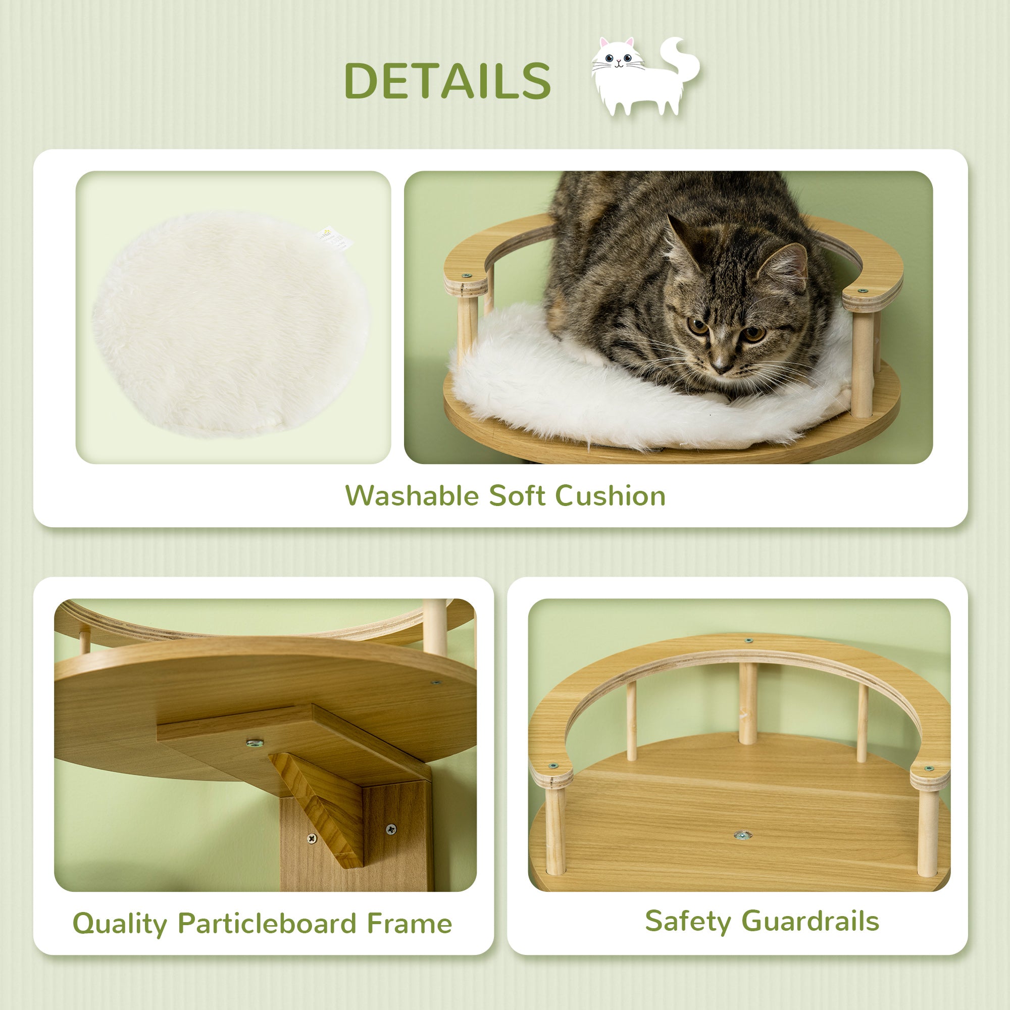 PawHut Cat Shelf, Wall Mounted Cat Tree Kitten Bed Cat Perch with Cushion, Guardrails for Indoor Cats, 34 x 34 x 10.5 cm, Beige