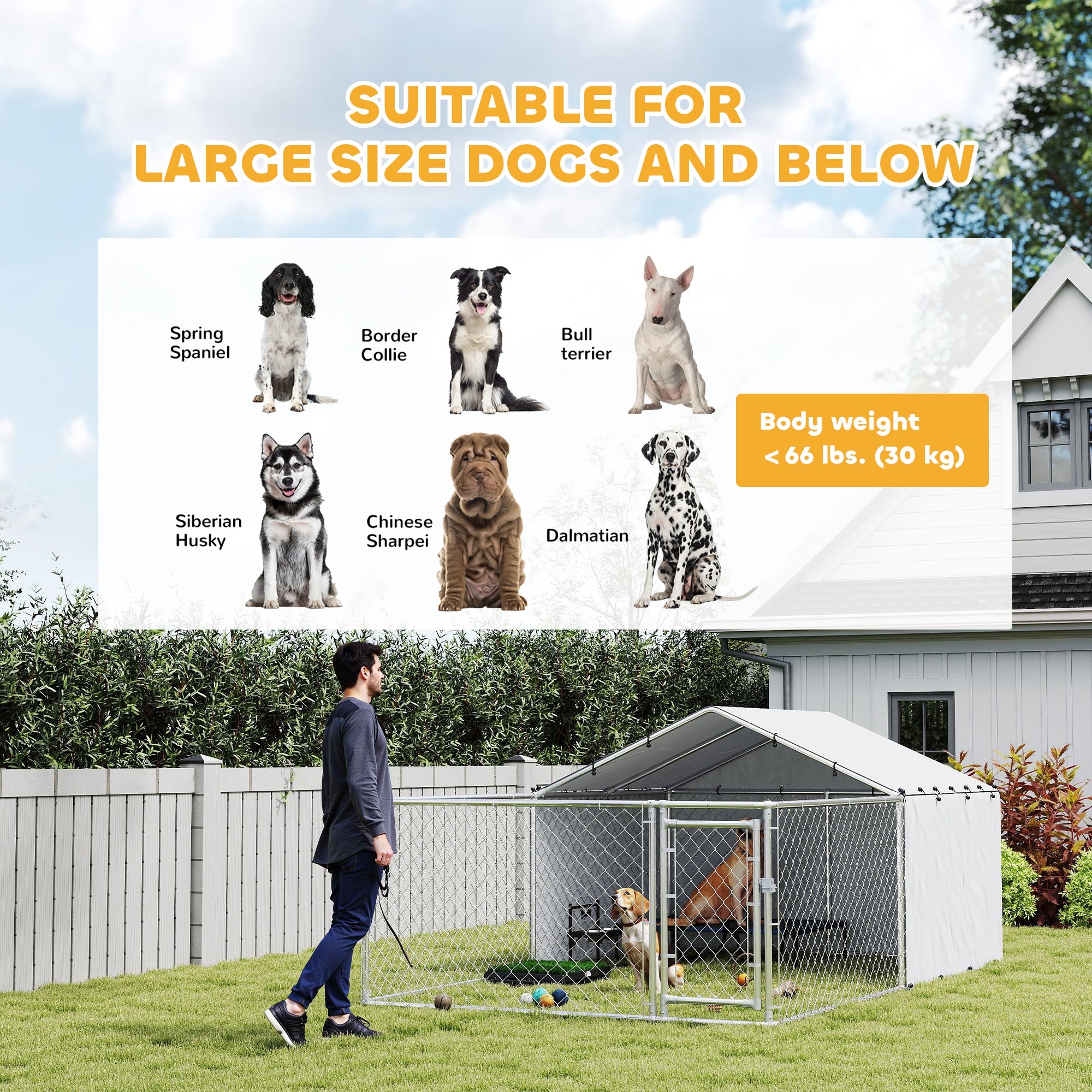 PawHut Outdoor Dog Kennel with Waterproof & UV-Resistant Cover, Dog Run with Secure Lock for Small Medium Large Dogs, 13.1' x 7.5' x 4.9'