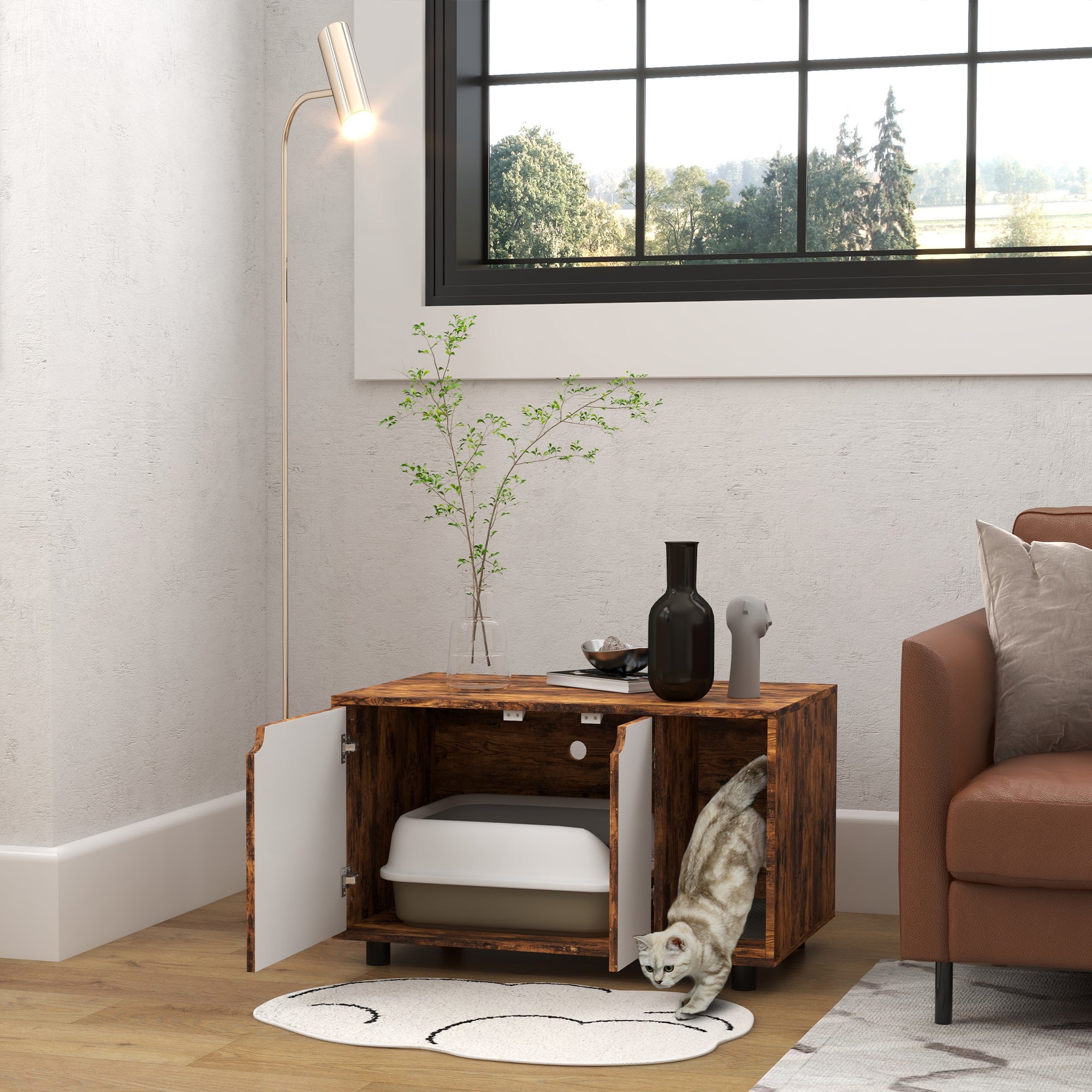 PawHut Hidden Litter Box, Cat Litter Box Furniture, 2-in-1 Design with Double Doors, Sand Drain Pad, for Indoor Use, 80 x 48 x 48cm - Rustic Brown