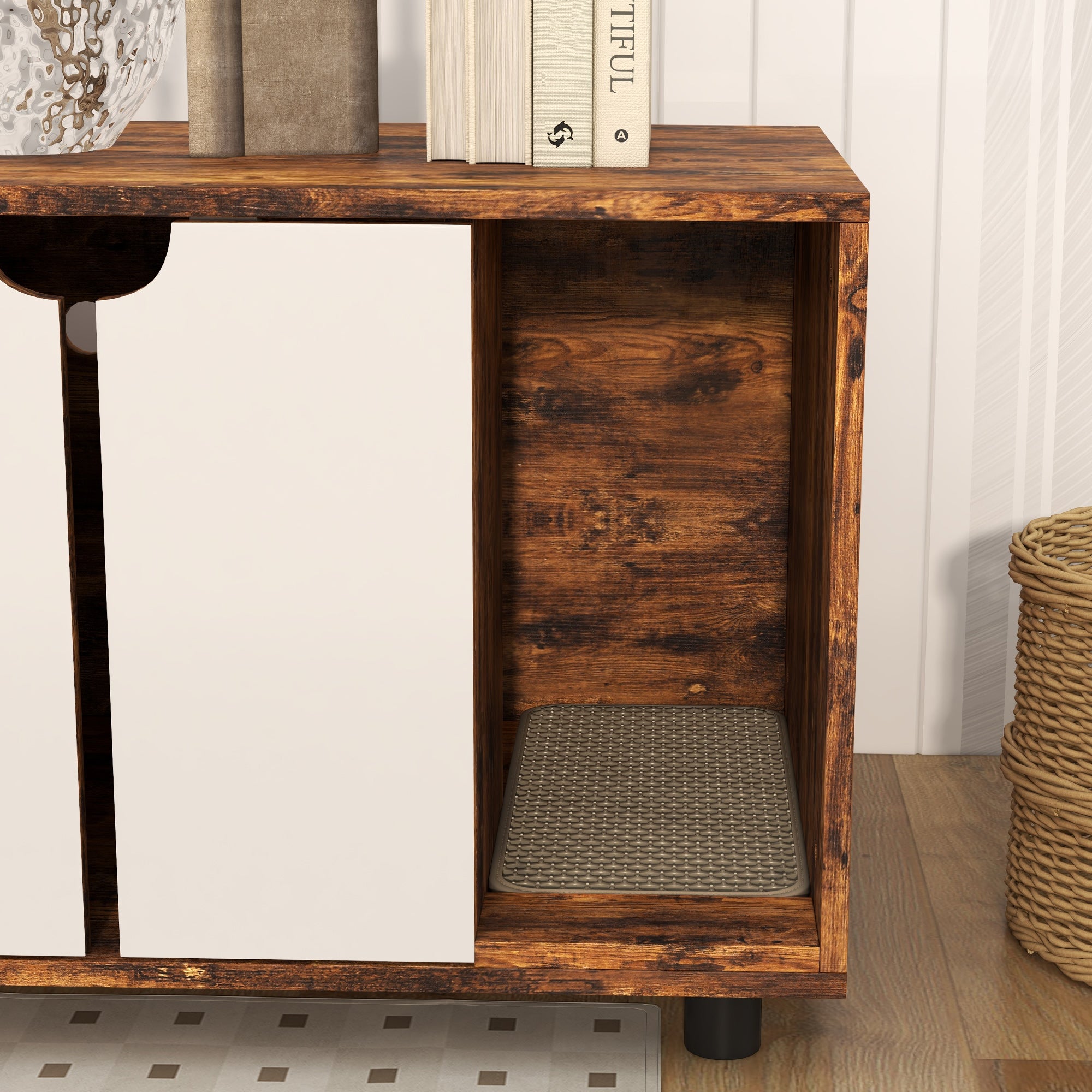 PawHut Hidden Cat Litter Box Enclosure for 2 Cats, Litter Box Furniture TV Stand Cat Condo with 2 Cabinets, Sand Drain Pad, Double Doors, for Indoor Use, Rustic Brown