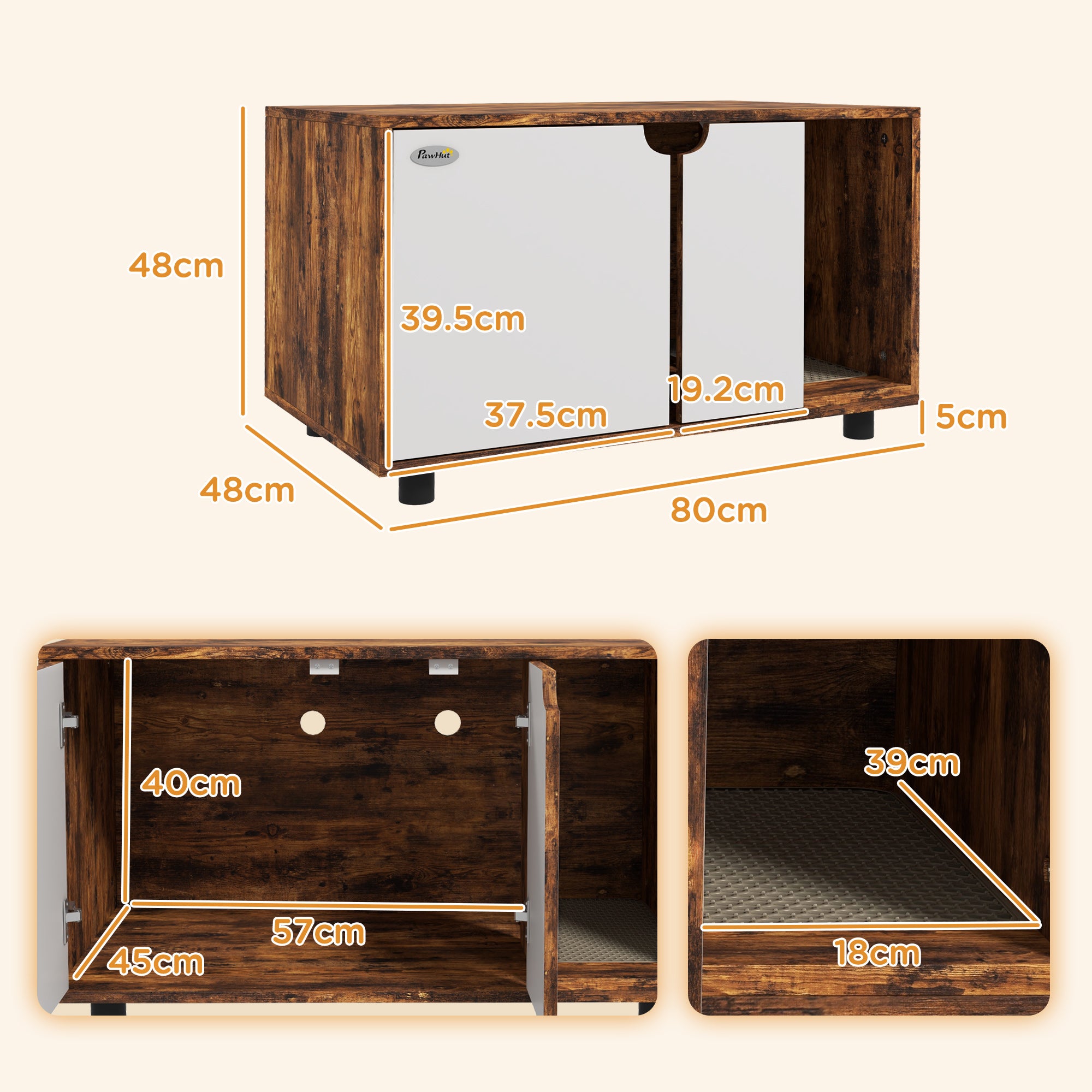 PawHut Hidden Litter Box, Cat Litter Box Furniture, 2-in-1 Design with Double Doors, Sand Drain Pad, for Indoor Use, 80 x 48 x 48cm - Rustic Brown