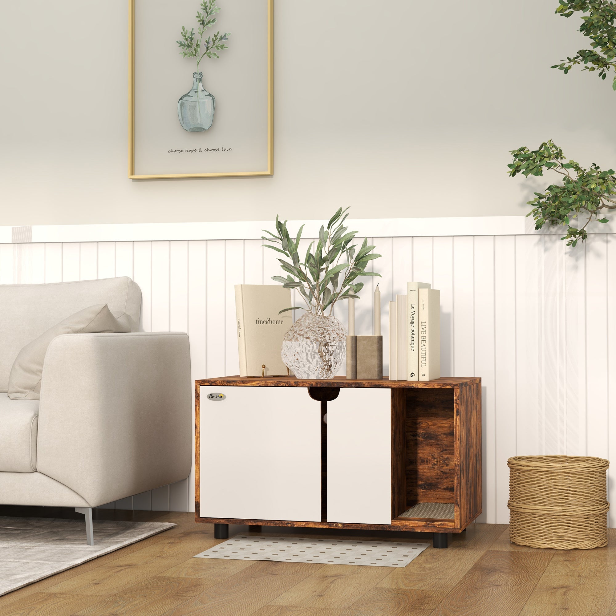 PawHut Hidden Cat Litter Box Enclosure for 2 Cats, Litter Box Furniture TV Stand Cat Condo with 2 Cabinets, Sand Drain Pad, Double Doors, for Indoor Use, Rustic Brown