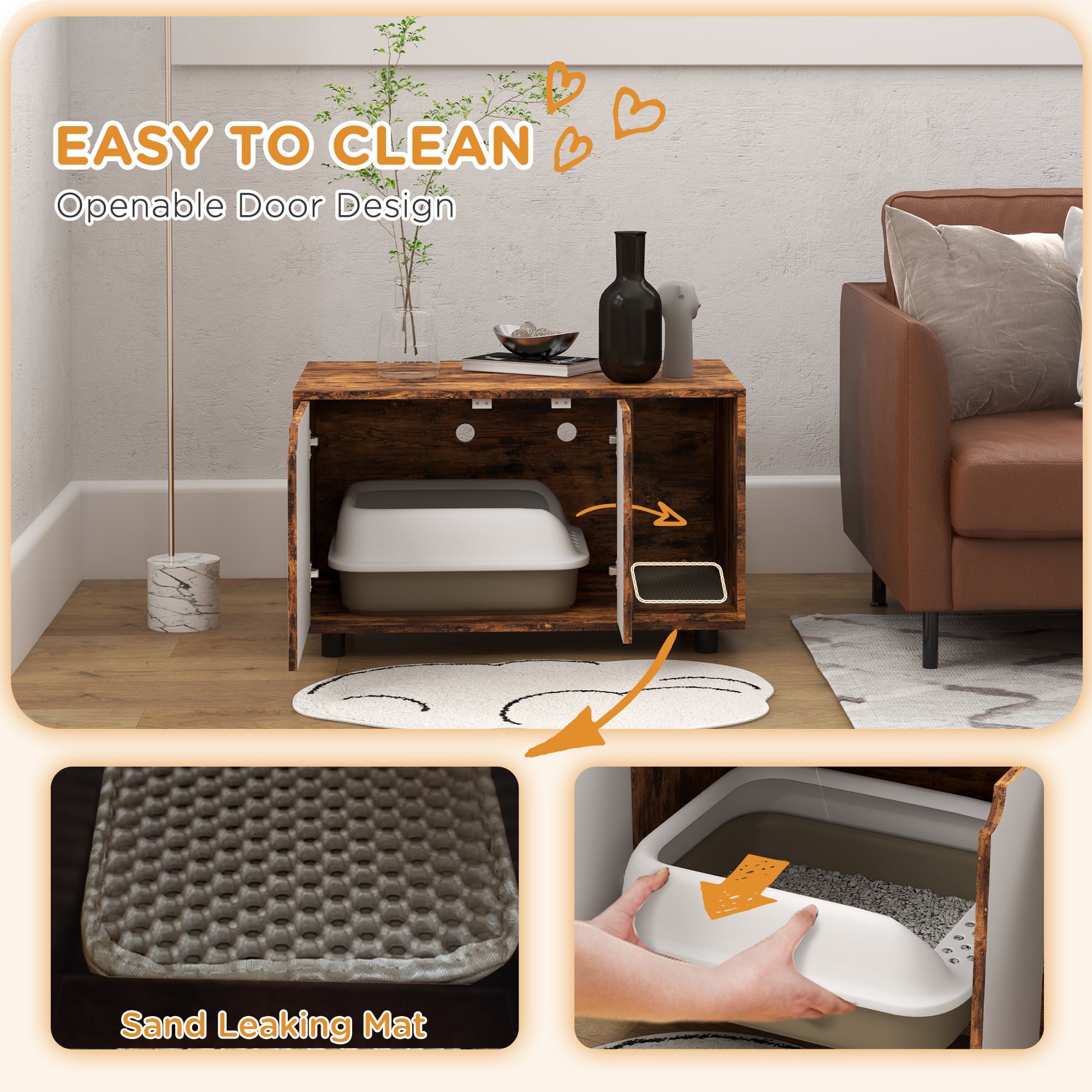 PawHut Hidden Litter Box, Cat Litter Box Furniture, 2-in-1 Design with Double Doors, Sand Drain Pad, for Indoor Use, 80 x 48 x 48cm - Rustic Brown