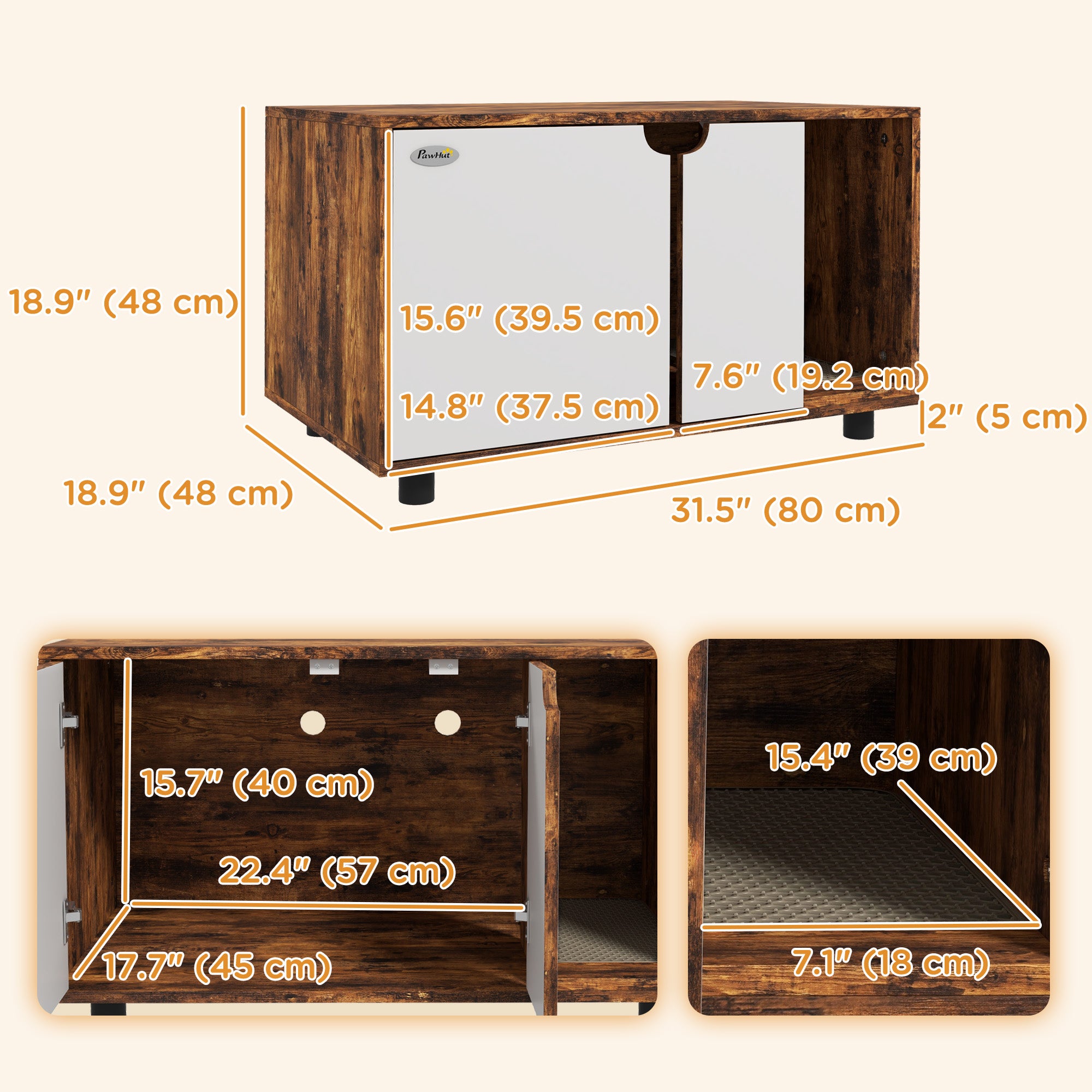 PawHut Hidden Cat Litter Box Enclosure for 2 Cats, Litter Box Furniture TV Stand Cat Condo with 2 Cabinets, Sand Drain Pad, Double Doors, for Indoor Use, Rustic Brown
