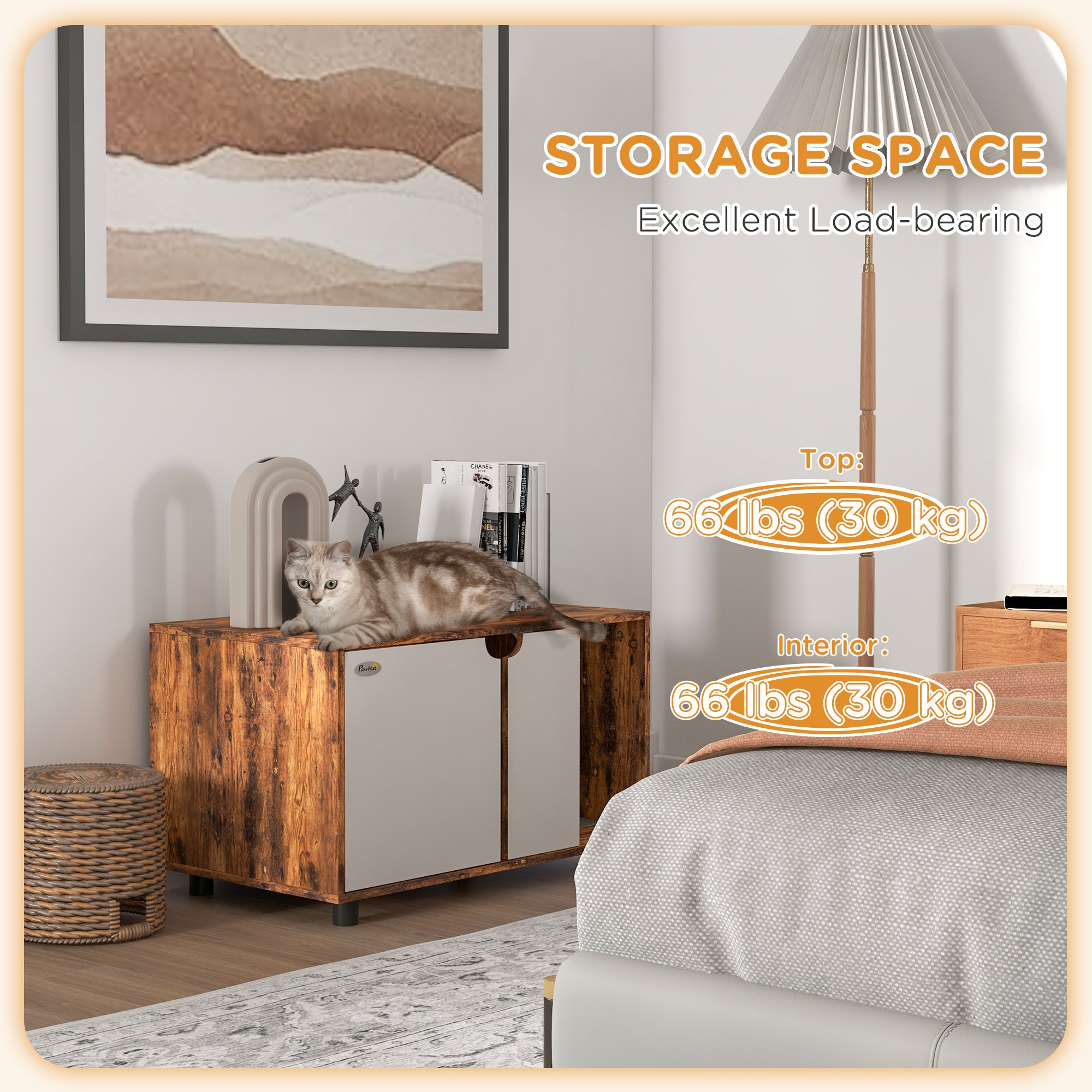 PawHut Hidden Cat Litter Box Enclosure for 2 Cats, Litter Box Furniture TV Stand Cat Condo with 2 Cabinets, Sand Drain Pad, Double Doors, for Indoor Use, Rustic Brown