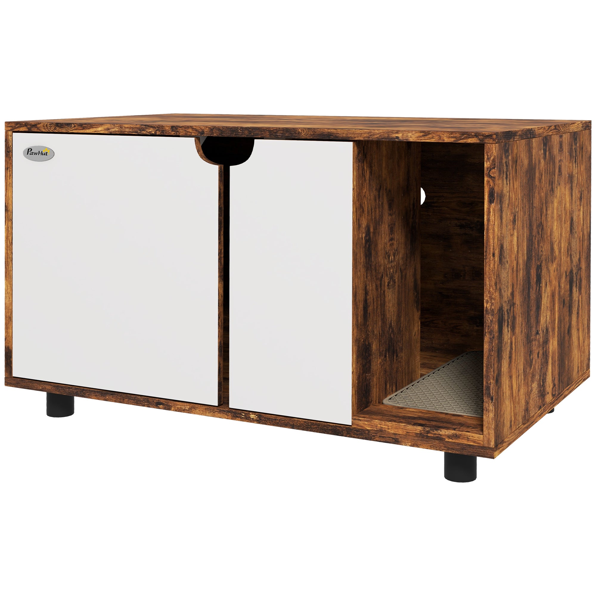 PawHut Hidden Cat Litter Box Enclosure for 2 Cats, Litter Box Furniture TV Stand Cat Condo with 2 Cabinets, Sand Drain Pad, Double Doors, for Indoor Use, Rustic Brown