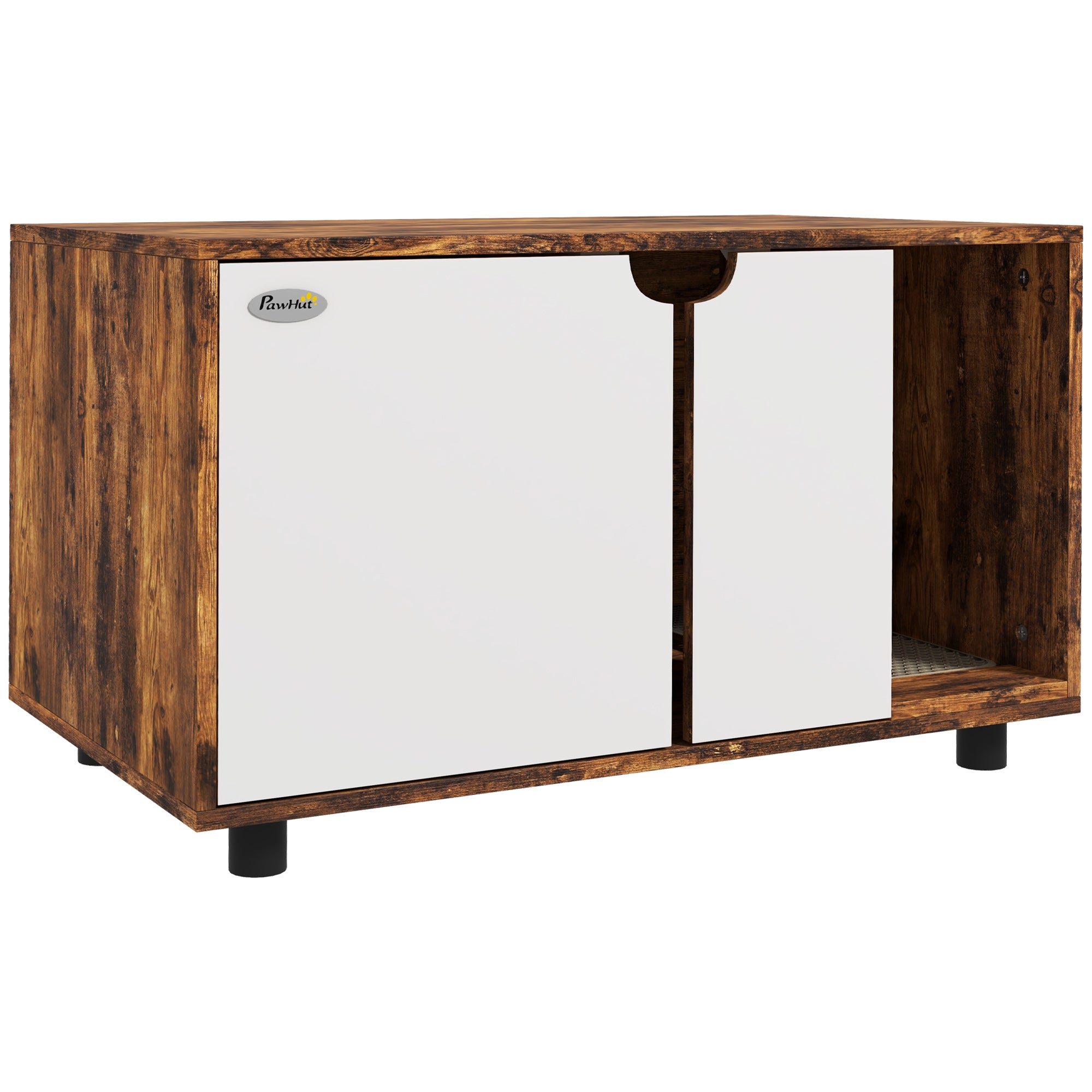 PawHut Hidden Cat Litter Box Enclosure for 2 Cats, Litter Box Furniture TV Stand Cat Condo with 2 Cabinets, Sand Drain Pad, Double Doors, for Indoor Use, Rustic Brown