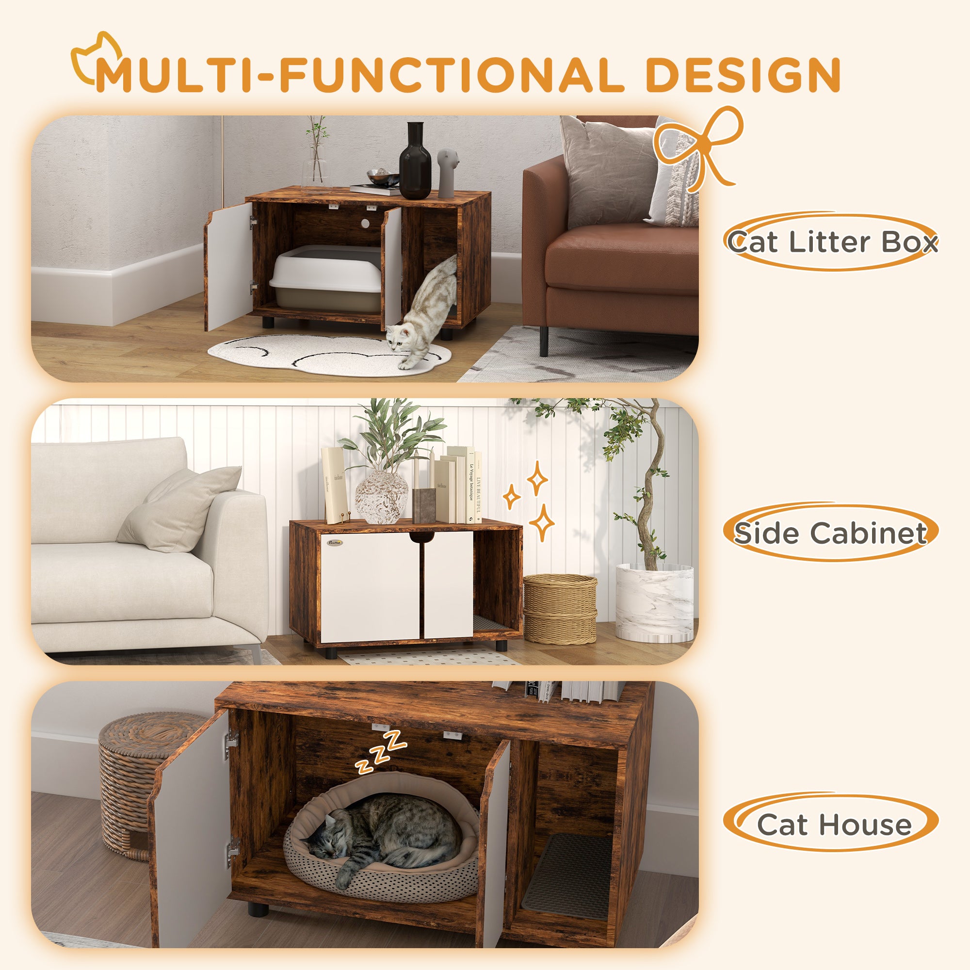 PawHut Hidden Cat Litter Box Enclosure for 2 Cats, Litter Box Furniture TV Stand Cat Condo with 2 Cabinets, Sand Drain Pad, Double Doors, for Indoor Use, Rustic Brown