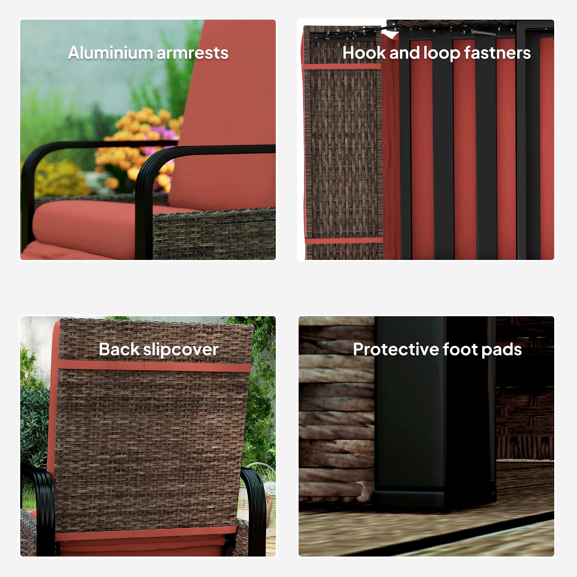 Outsunny Outdoor Recliner Chair, Reclining Outdoor Lounge Chair with Adjustable Backrest and Footrest, Wicker Chair with Flip Side Table, Aluminum Armrests and Cushion, Red