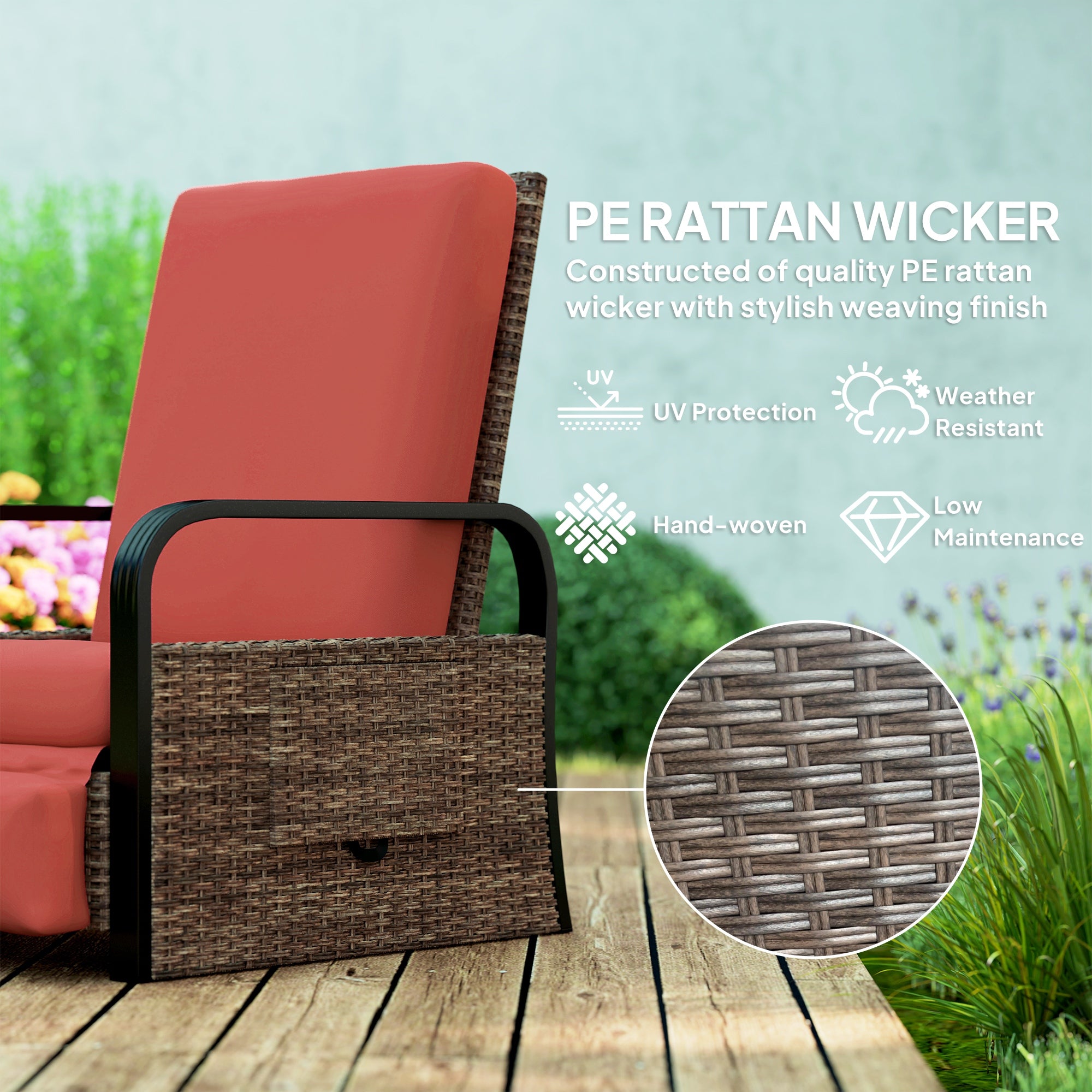 Outsunny Outdoor Recliner Chair, Reclining Outdoor Lounge Chair with Adjustable Backrest and Footrest, Wicker Chair with Flip Side Table, Aluminum Armrests and Cushion, Red
