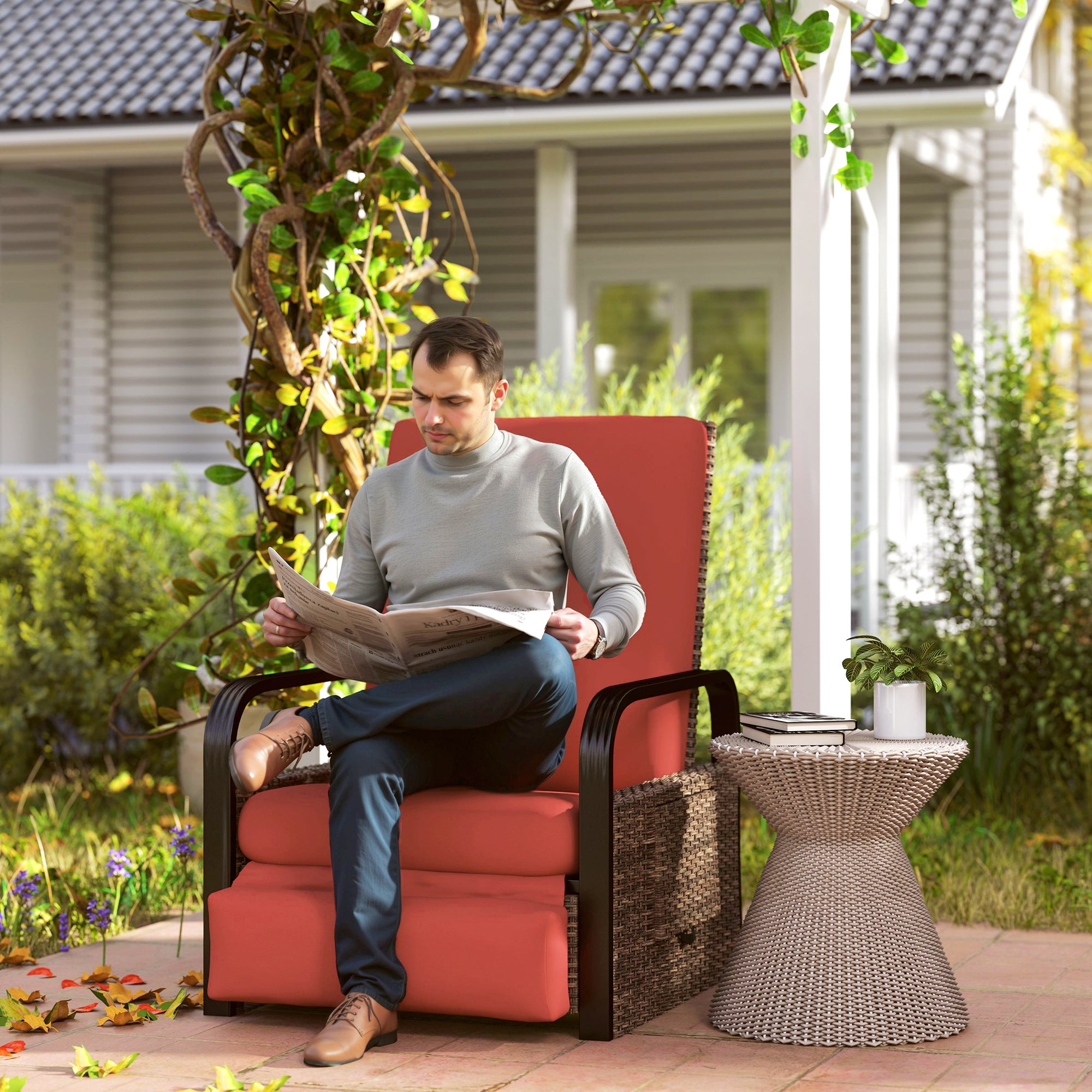 Outsunny Outdoor Recliner Chair, Reclining Outdoor Lounge Chair with Adjustable Backrest and Footrest, Wicker Chair with Flip Side Table, Aluminum Armrests and Cushion, Red