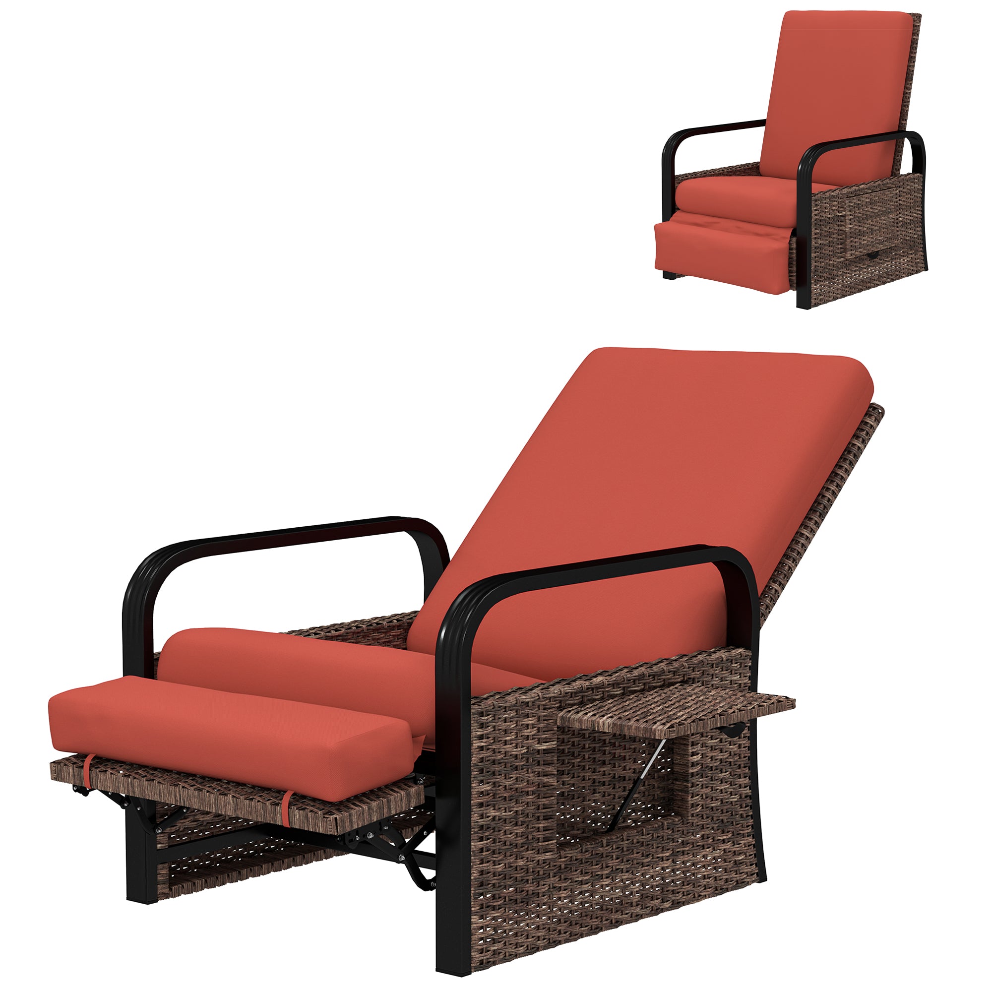 Outsunny Outdoor Recliner Chair, Reclining Outdoor Lounge Chair with Adjustable Backrest and Footrest, Wicker Chair with Flip Side Table, Aluminum Armrests and Cushion, Red