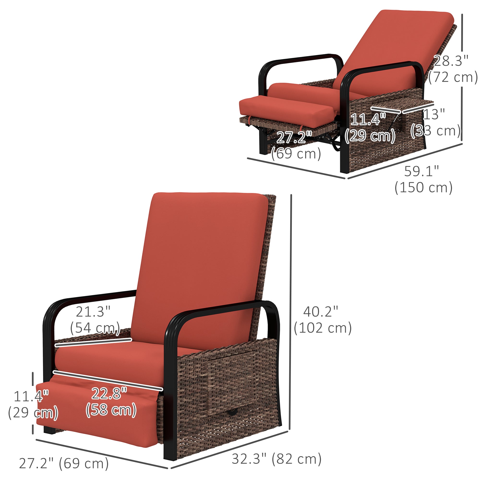 Outsunny Outdoor Recliner Chair, Reclining Outdoor Lounge Chair with Adjustable Backrest and Footrest, Wicker Chair with Flip Side Table, Aluminum Armrests and Cushion, Red