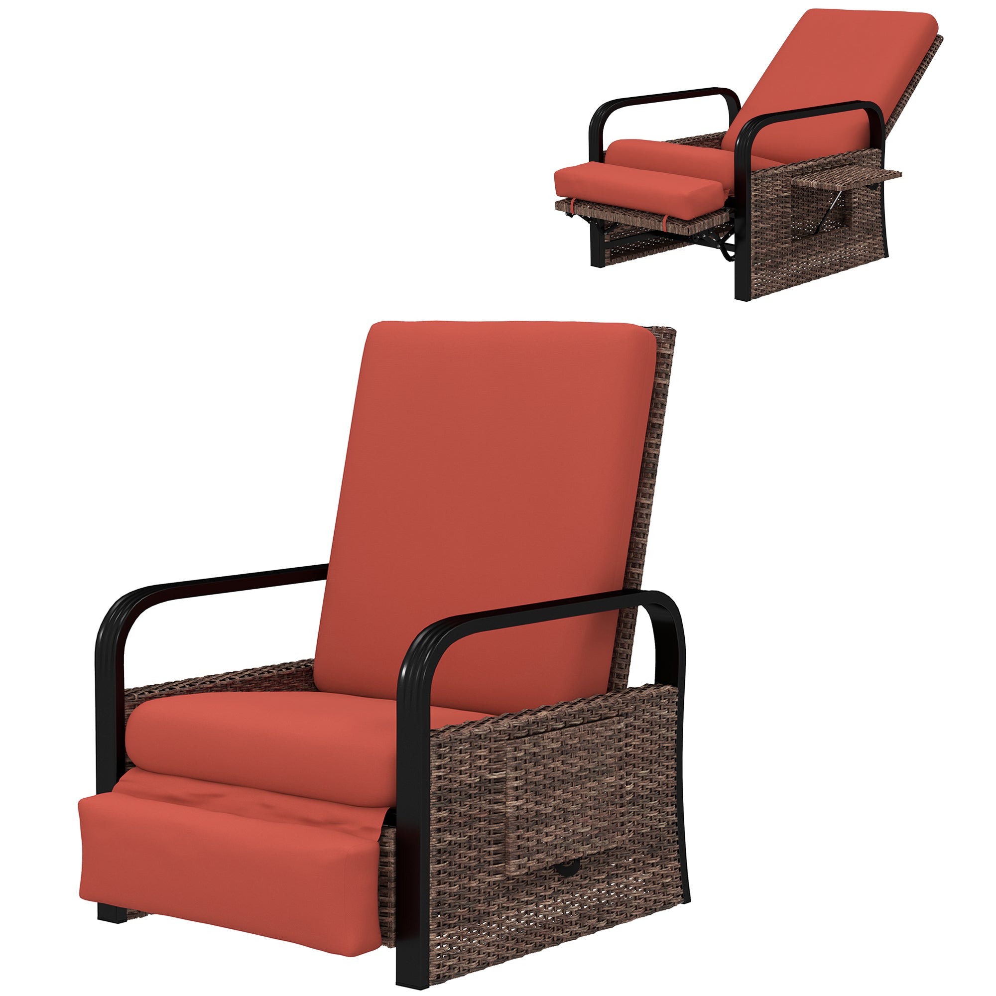 Outsunny Outdoor Recliner Chair, Reclining Outdoor Lounge Chair with Adjustable Backrest and Footrest, Wicker Chair with Flip Side Table, Aluminum Armrests and Cushion, Red