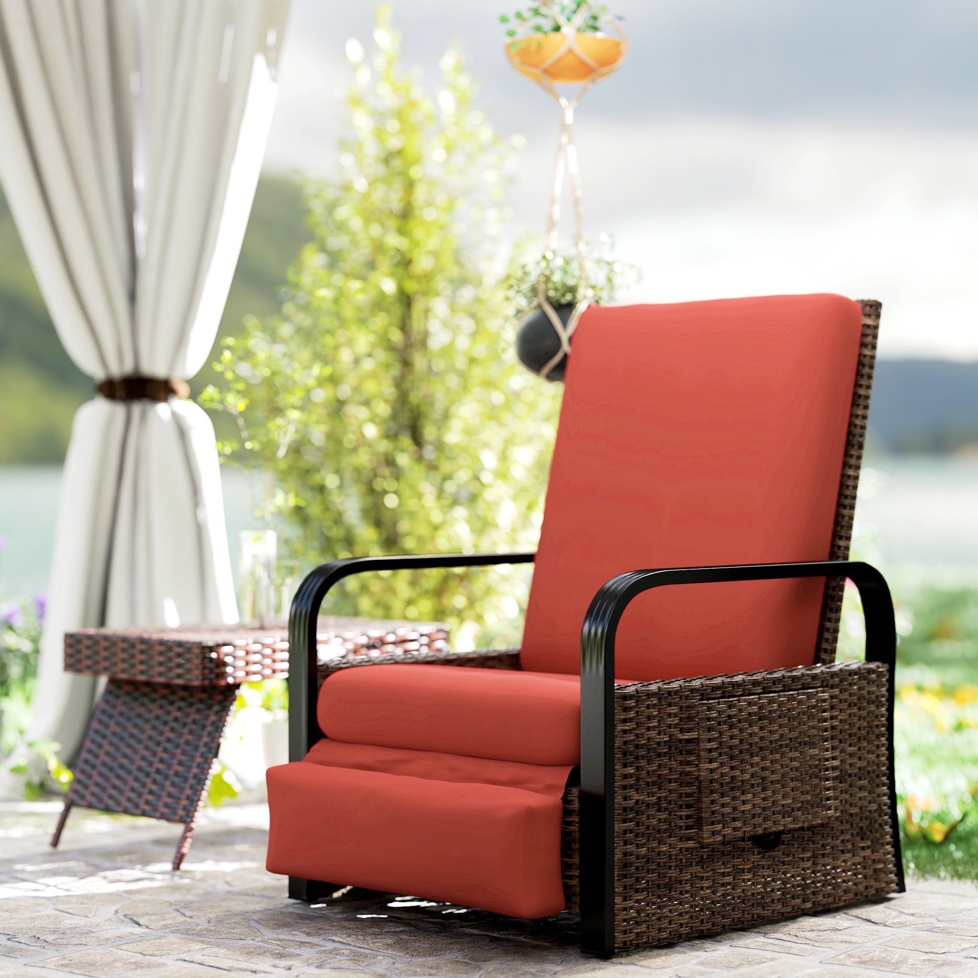 Outsunny Outdoor Recliner Chair, Reclining Outdoor Lounge Chair with Adjustable Backrest and Footrest, Wicker Chair with Flip Side Table, Aluminum Armrests and Cushion, Red