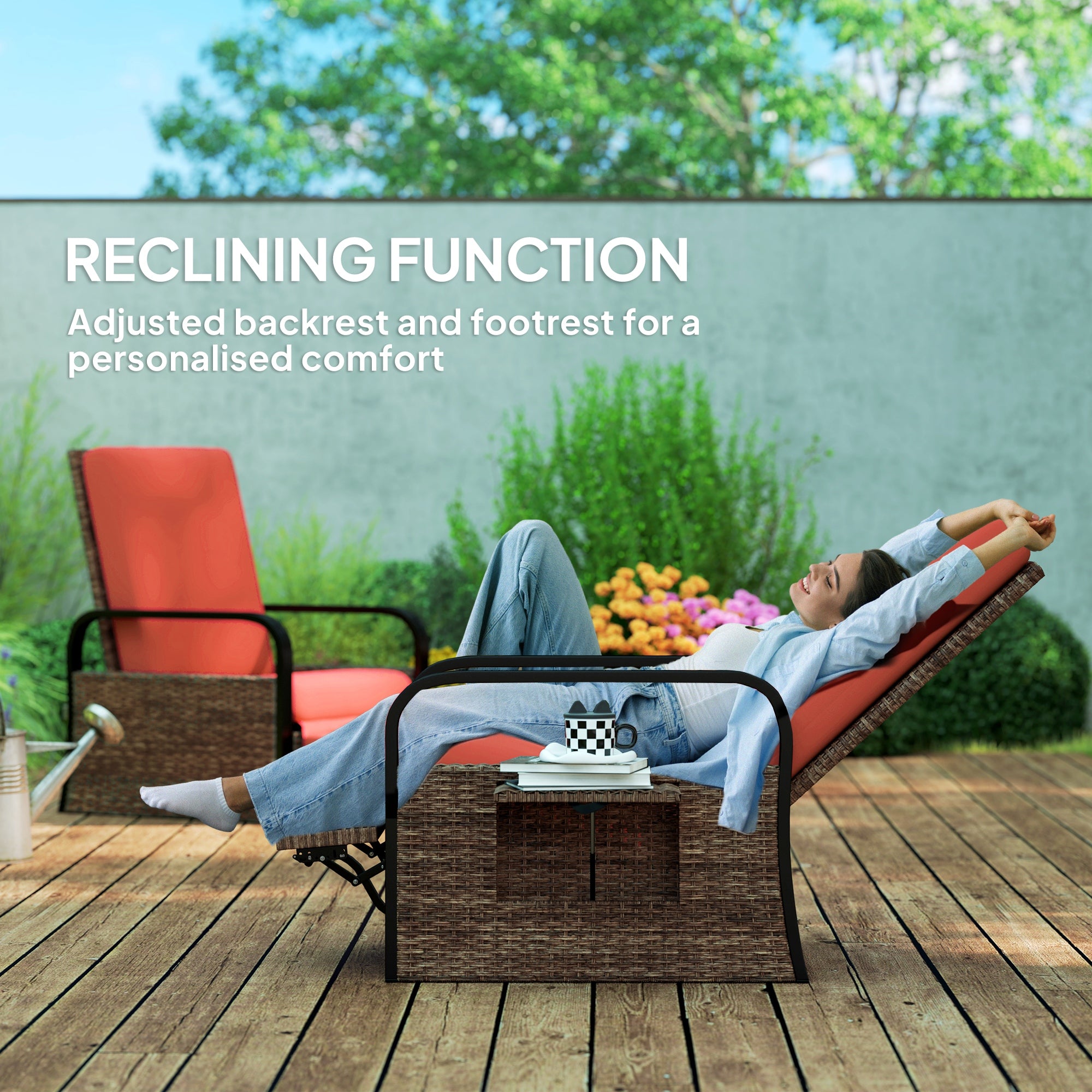 Outsunny Outdoor Recliner Chair, Reclining Outdoor Lounge Chair with Adjustable Backrest and Footrest, Wicker Chair with Flip Side Table, Aluminum Armrests and Cushion, Red