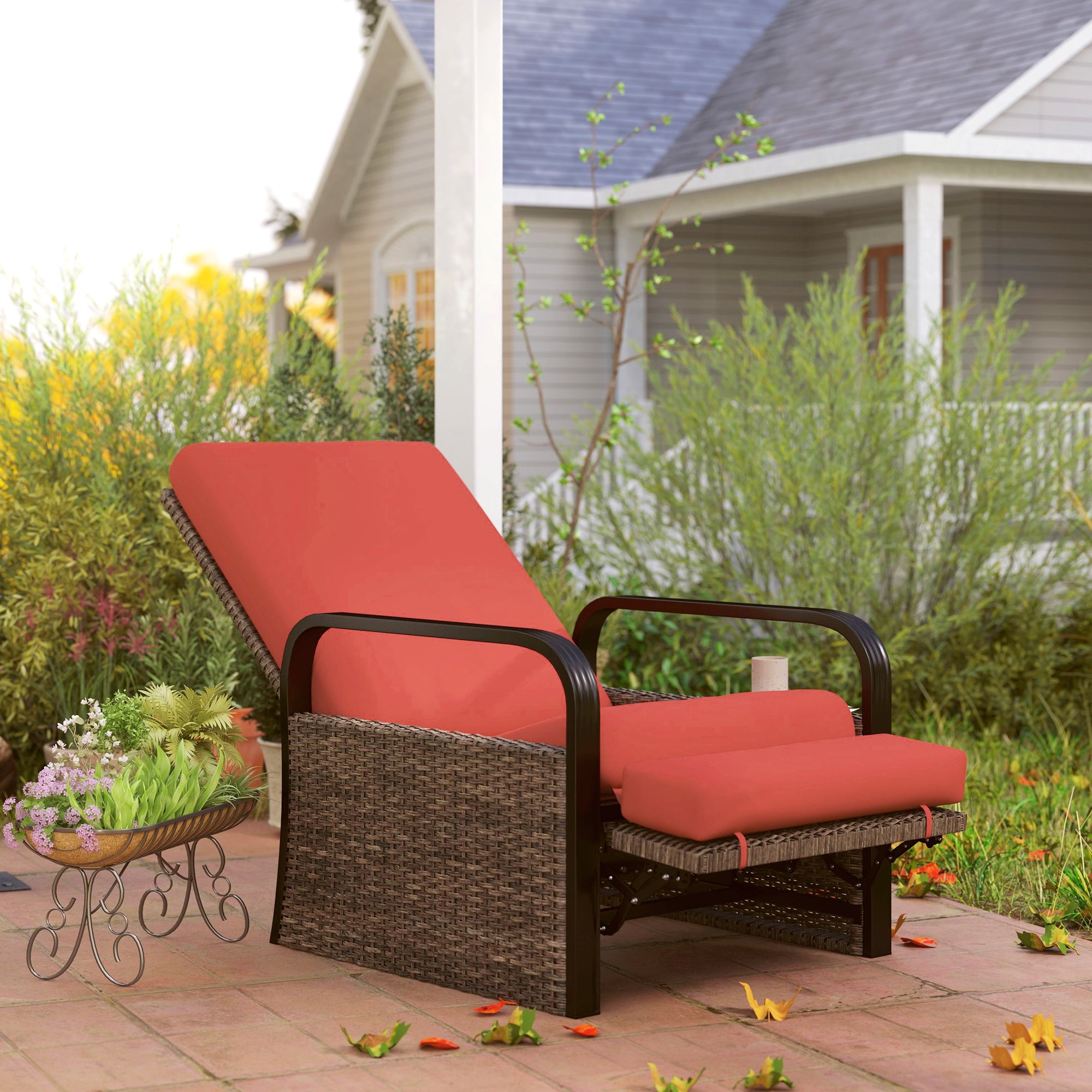 Outsunny Outdoor Recliner Chair, Reclining Outdoor Lounge Chair with Adjustable Backrest and Footrest, Wicker Chair with Flip Side Table, Aluminum Armrests and Cushion, Red