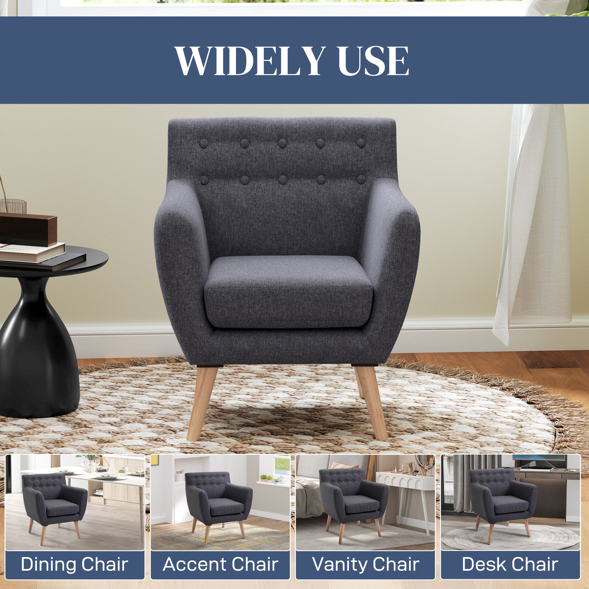 HOMCOM Mid-Century Modern Accent Chair, Linen Upholstery Armchair, Tufted Club Chair with Wood Frame and Thick Padding for Living Room, Bedroom, Dark Grey