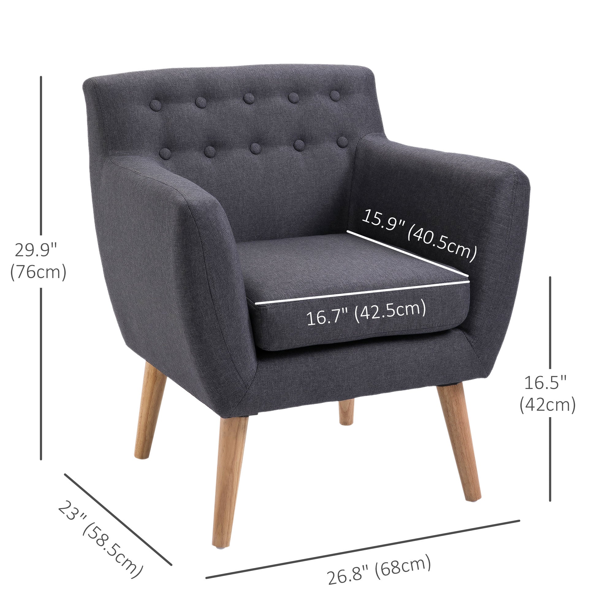 HOMCOM Mid-Century Modern Accent Chair, Linen Upholstery Armchair, Tufted Club Chair with Wood Frame and Thick Padding for Living Room, Bedroom, Dark Grey