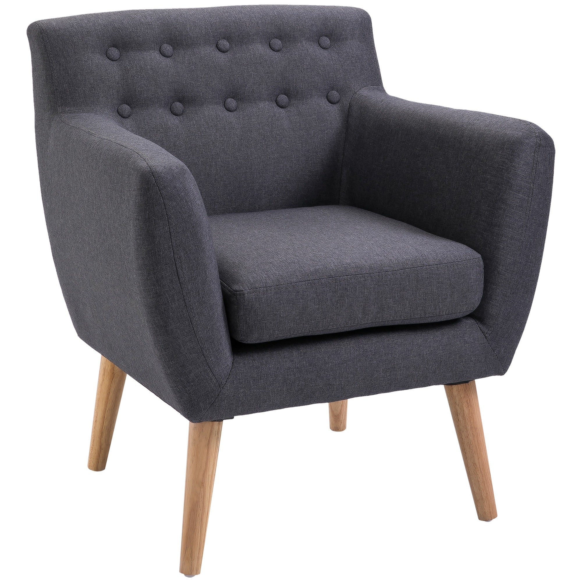 HOMCOM Mid-Century Modern Accent Chair, Linen Upholstery Armchair, Tufted Club Chair with Wood Frame and Thick Padding for Living Room, Bedroom, Dark Grey