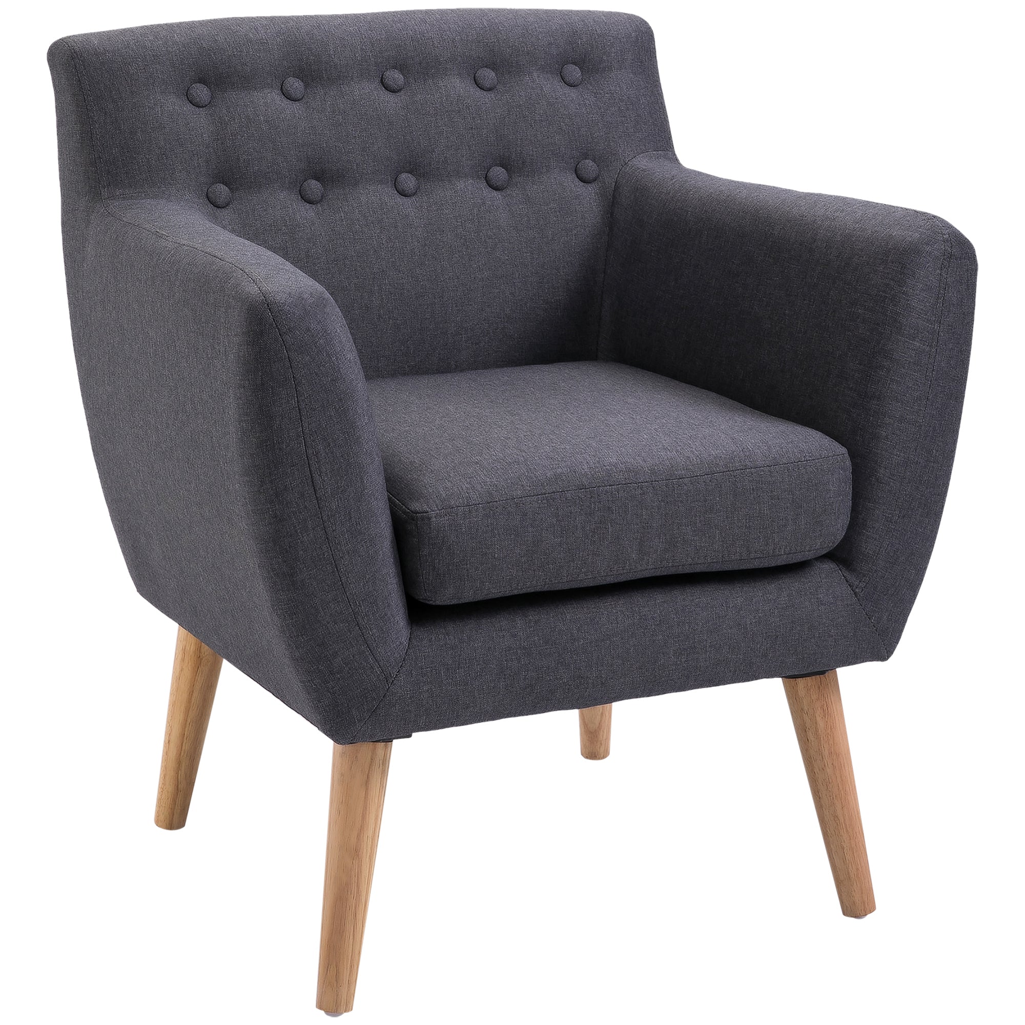 HOMCOM Mid-Century Modern Accent Chair, Linen Upholstery Armchair, Tufted Club Chair with Wood Frame and Thick Padding for Living Room, Bedroom, Dark Grey